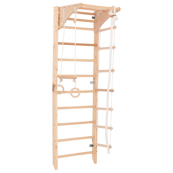 Kletterwand für die ganze Familie mit höhenverstellbarem Reck-Indoor Klettergerüst aus Holz - Wand-Reck, Stange, Gymnastik-Ringe, Kletterseil - Kombi 2 mit sicherem Lack