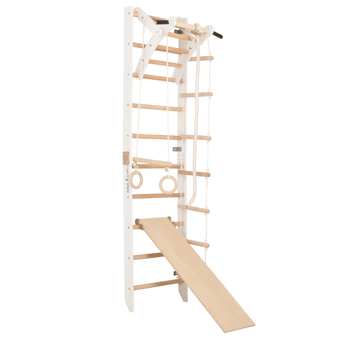 Sprossenwand für Heimtraining mit zweiseitiger Kletterrampe und höhenverstellbarem Reck – Indoor Fitnessgerät für die ganze Familie (SPR A+slide white)