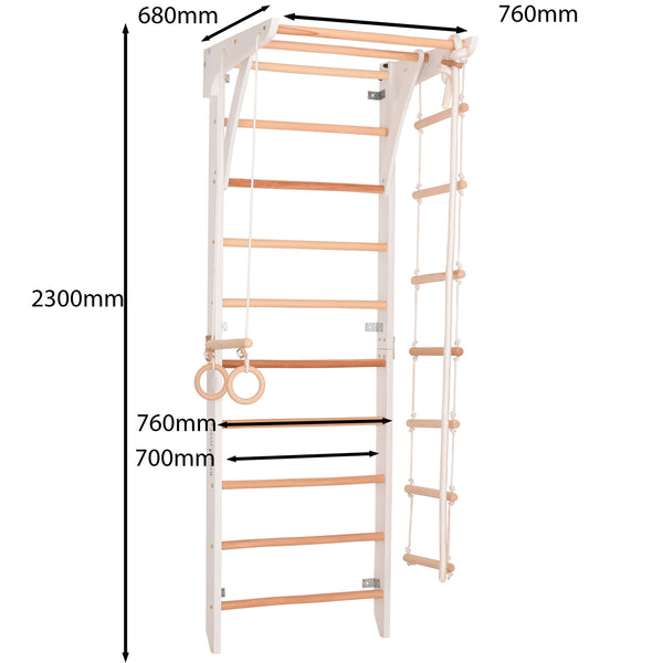 Kletterwand für die ganze Familie – Klettergerüst Indoor aus Holz mit Wand-Reck, Stange, Gymnastikringen, Kletterseil, schwedischer Leiter – Kinder 2 weiße Farbe
