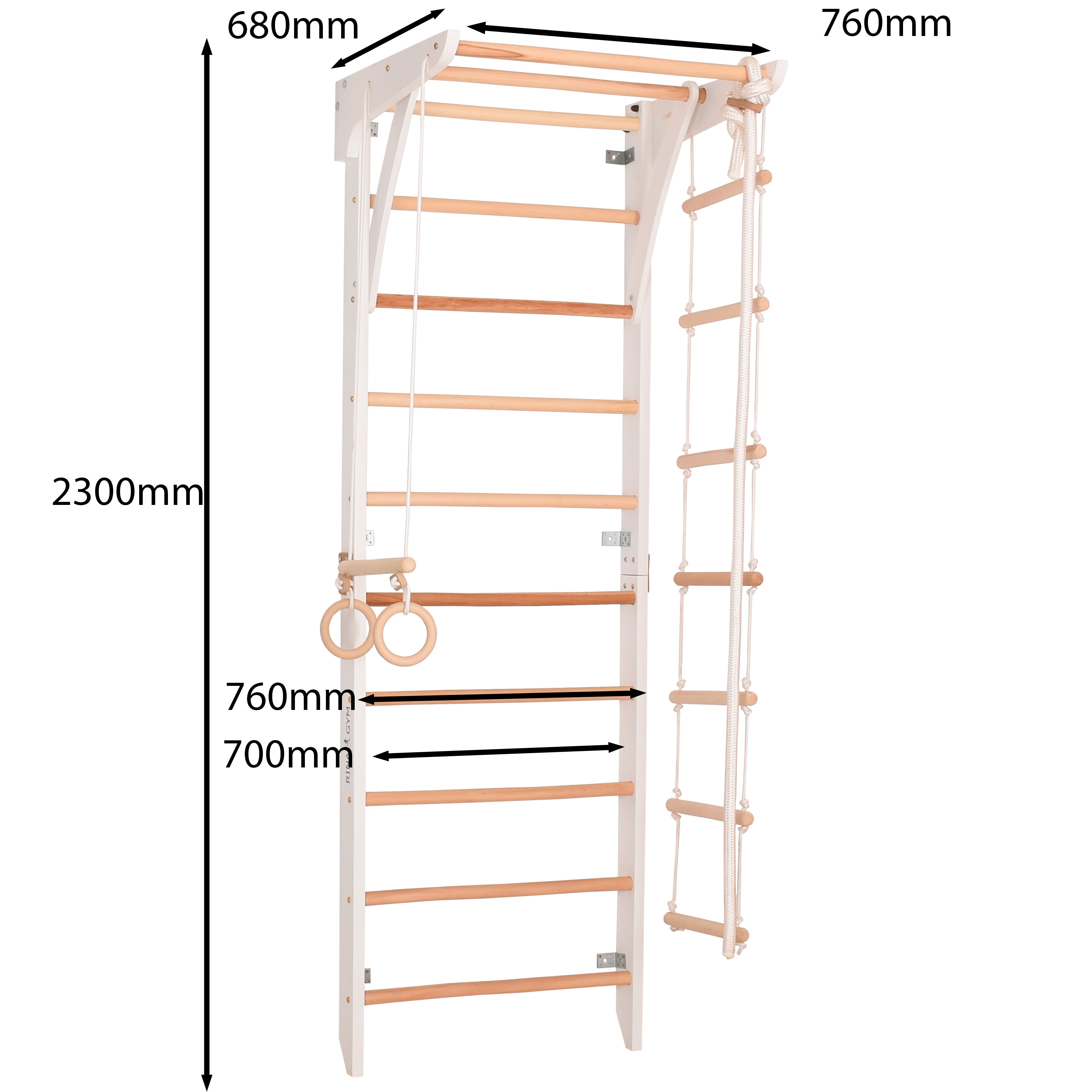 RINAGYM Parco Giochi per Bambini - Set Palestra da Interno ed Esterno per Gioco, Ginnastica ed Esercizi - Asta, Anelli, Corda per Arrampicata, Monkey Bar, Trave, Spalliera, Altalena - 2+ Anni (Kinder 2 white)