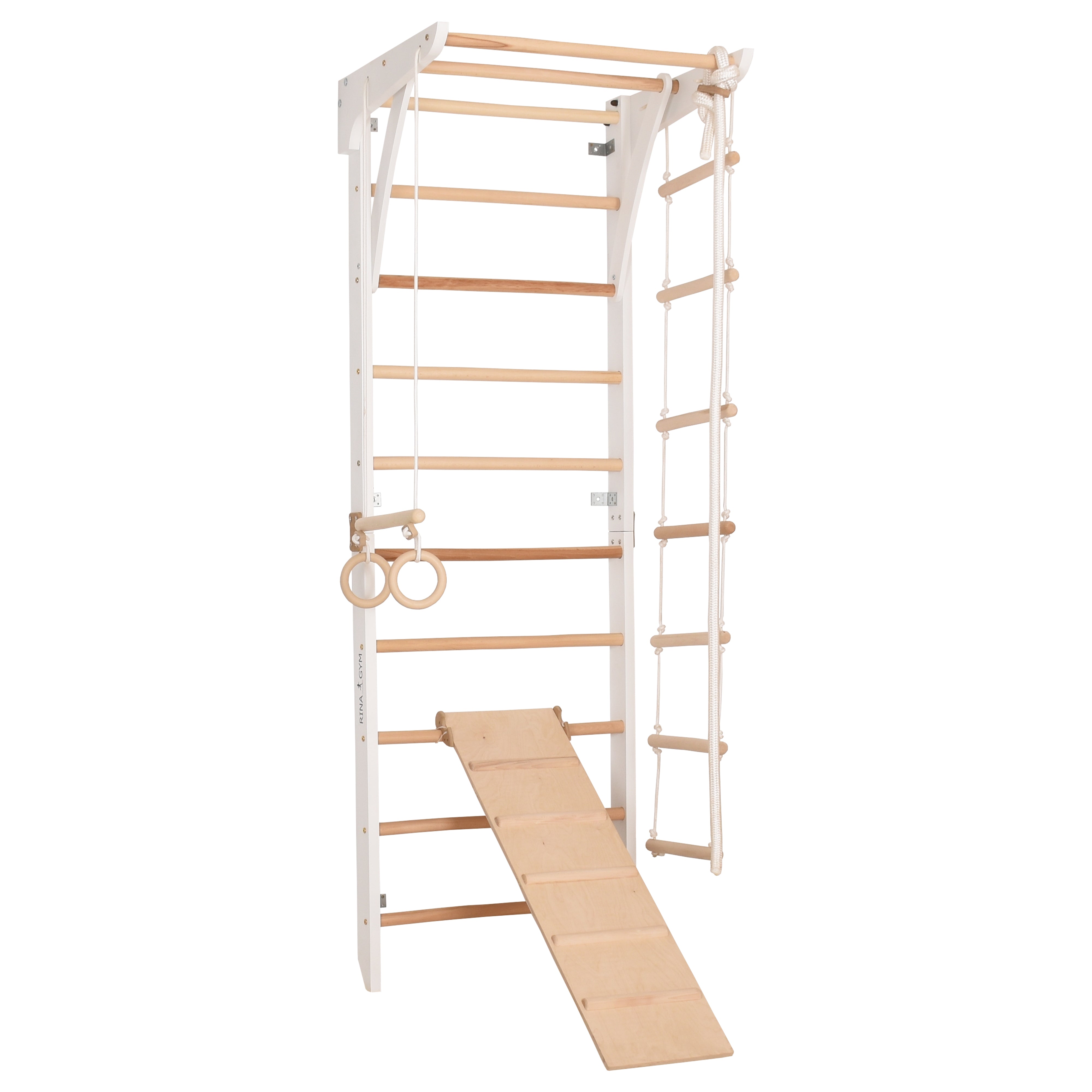 Kletterwand für Kinder und Erwachsene – Klettergerüst Indoor aus Holz mit Wand-Reck, Stange, Gymnastikringen, Kletterseil, schwedischer Leiter, höhenverstellbarer Klimmzugstange & beidseitiger Kletterrampe – Kinder 3 weiße Farbe