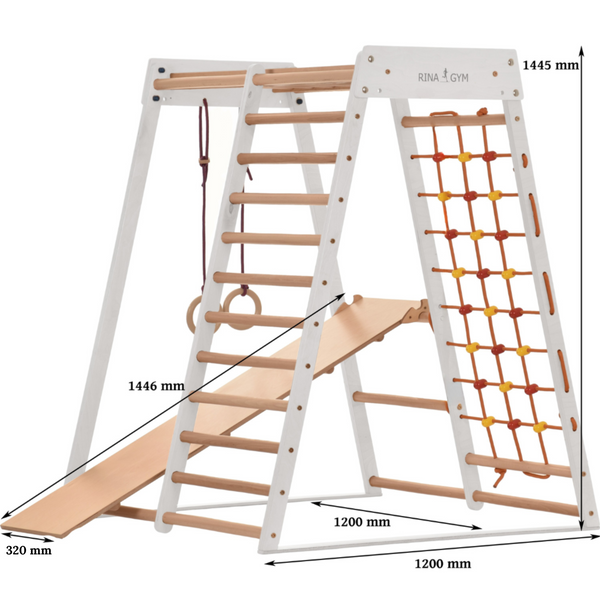 Structure d'escalade intérieure pour enfants et adultes – Échelle, corde d'escalade, anneaux de gymnastique, mur d'escalade en bois avec rampe d'escalade double face – RINAGYM (Classic, couleur blanche)