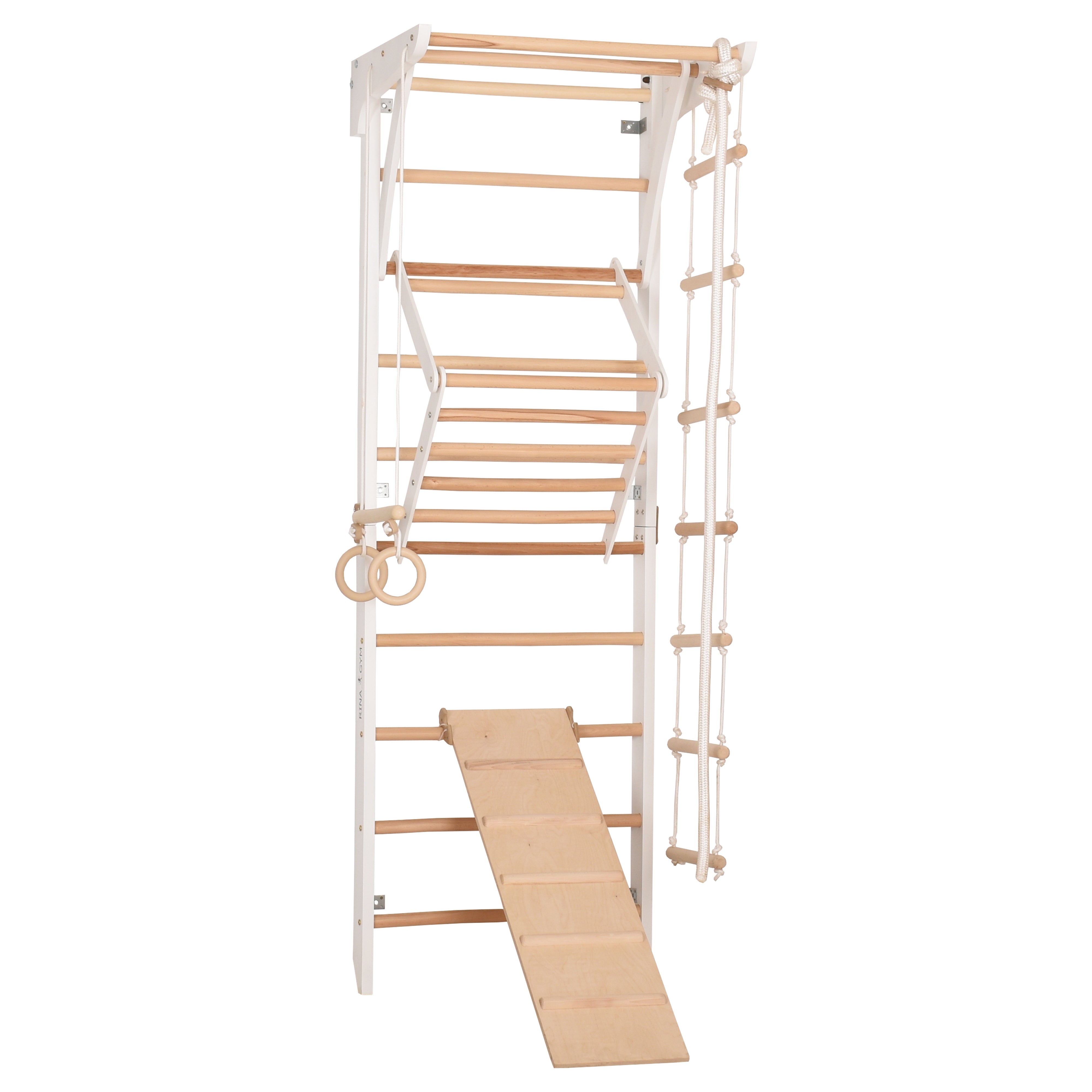 Kletterwand für Kinder und Erwachsene – Klettergerüst Indoor aus Holz mit Wand-Reck, Stange, Gymnastikringen, Kletterseil, schwedischer Leiter, höhenverstellbarer Klimmzugstange & beidseitiger Kletterrampe – Kinder 3 weiße Farbe