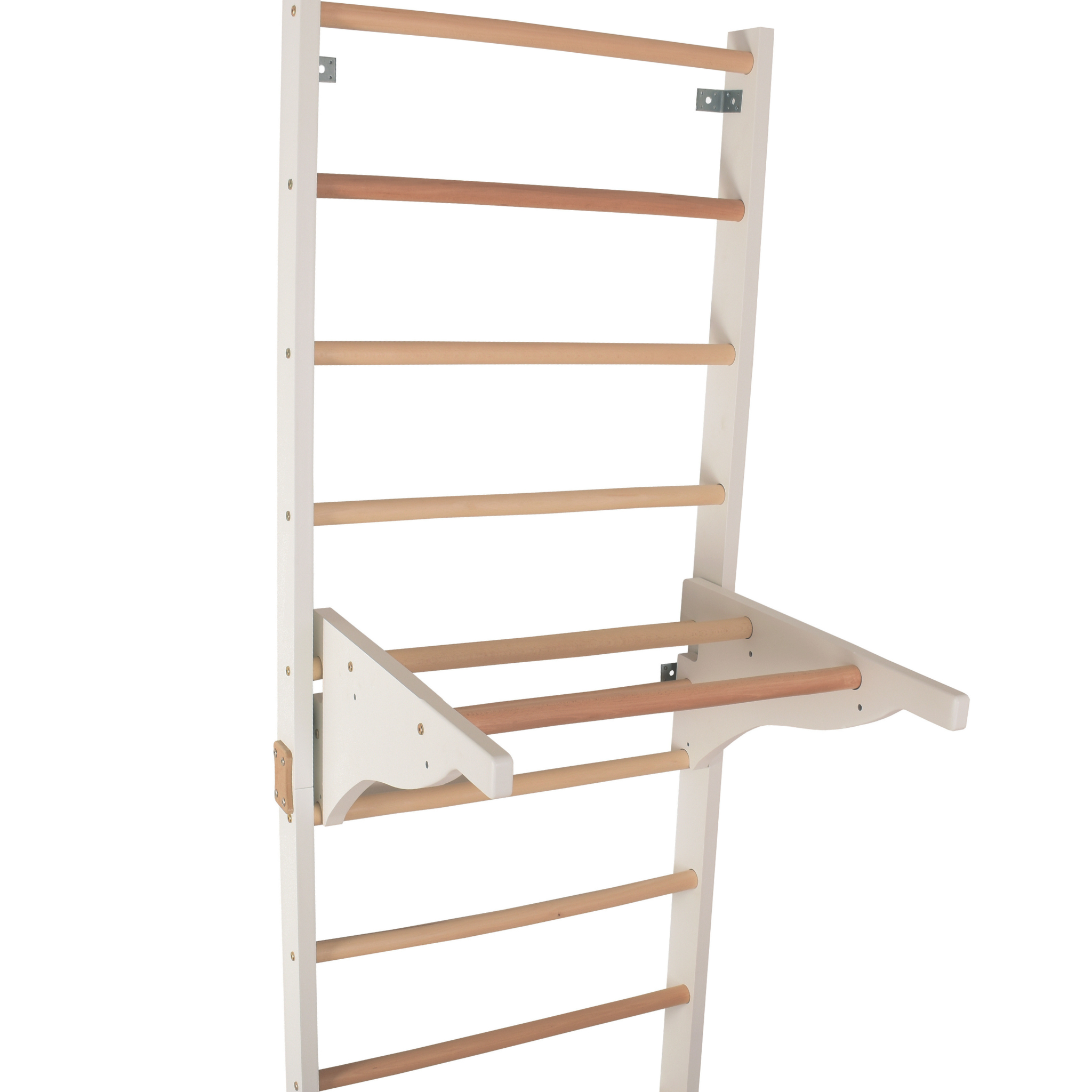 Sprossenwand mit Dip-Barren und abnehmbarer Klimmzugstange – Modell PRO PURE weiß, verstärkte Konstruktion für das Training zu Hause