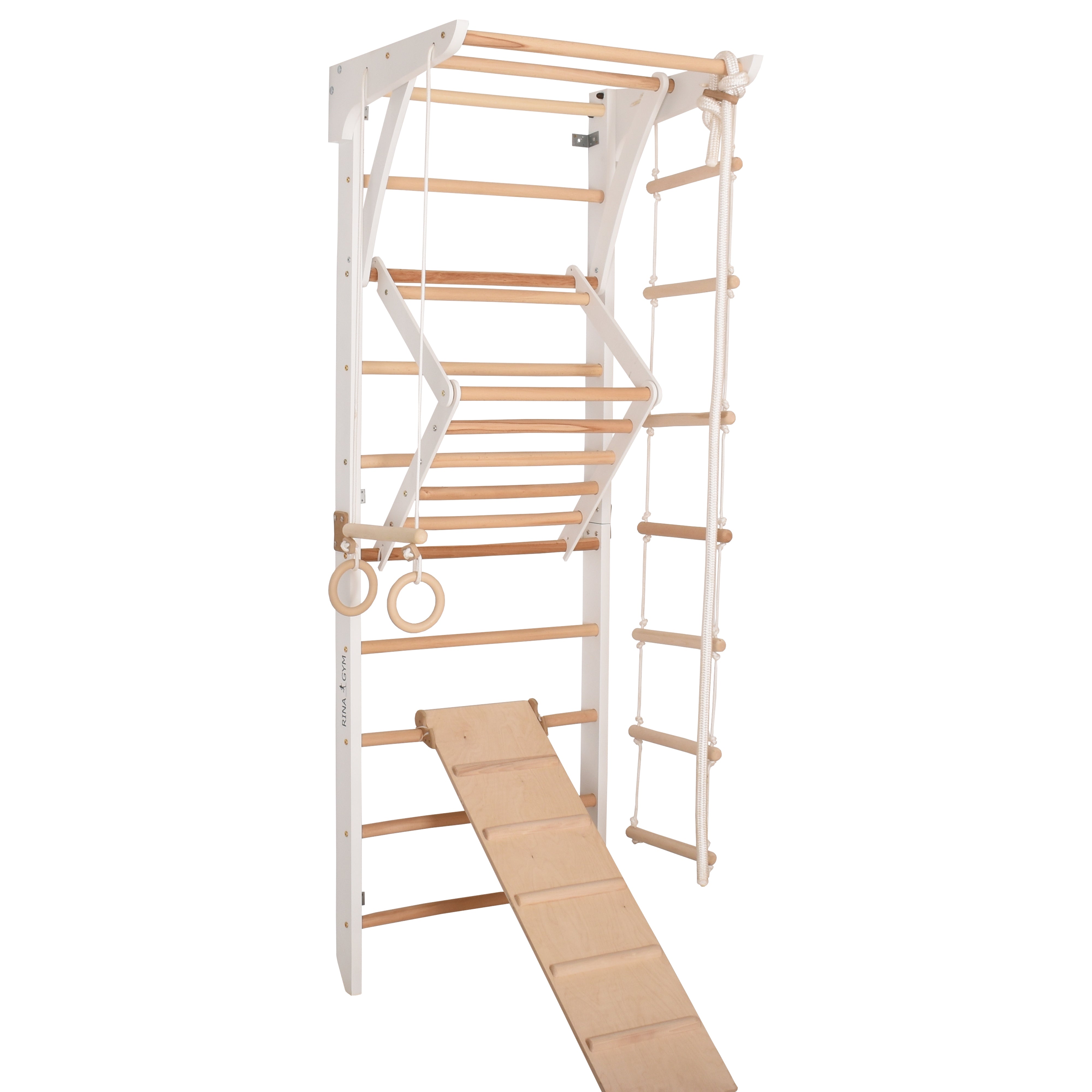 Kletterwand für Kinder und Erwachsene – Klettergerüst Indoor aus Holz mit Wand-Reck, Stange, Gymnastikringen, Kletterseil, schwedischer Leiter, höhenverstellbarer Klimmzugstange & beidseitiger Kletterrampe – Kinder 3 weiße Farbe