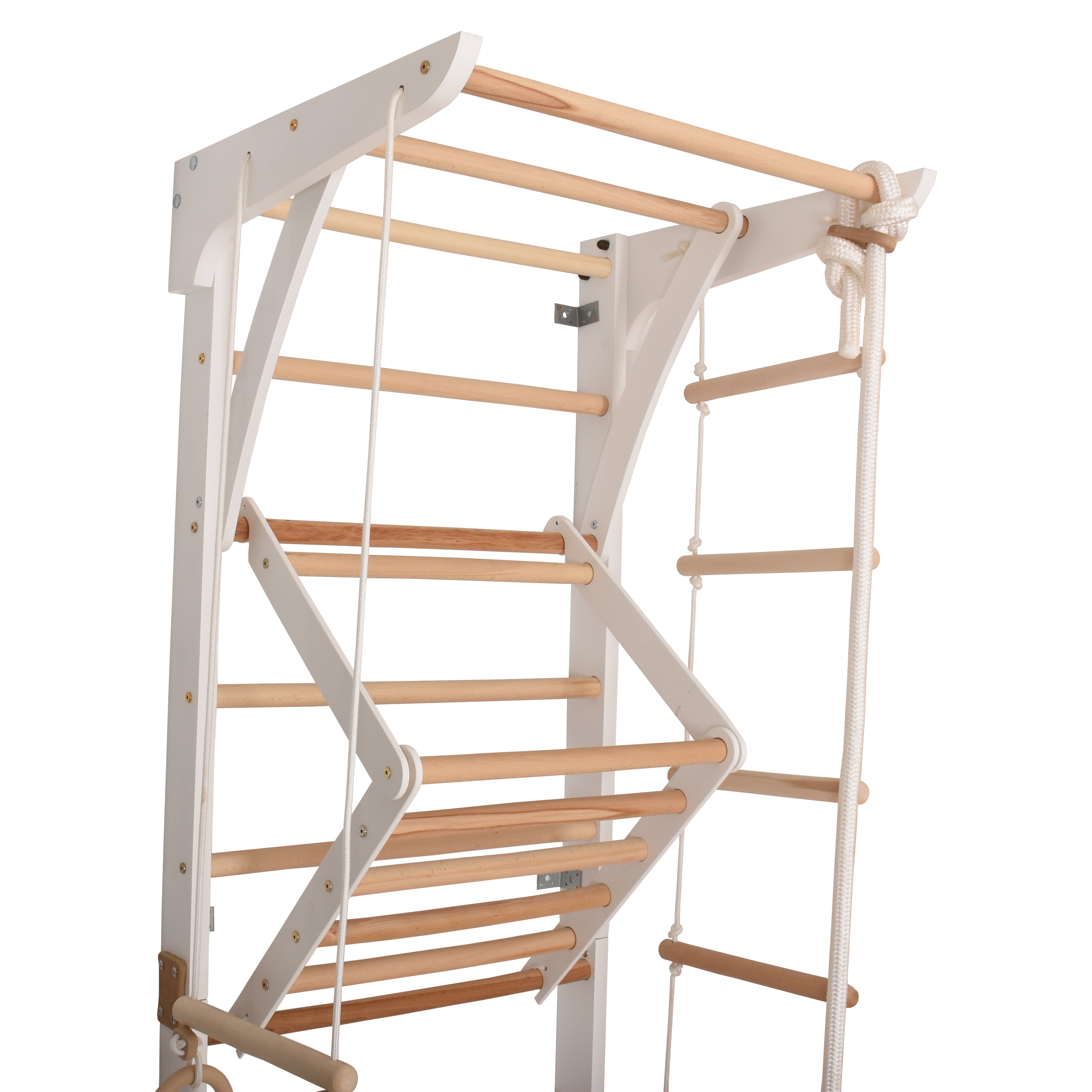 Kletterwand für Kinder und Erwachsene – Klettergerüst Indoor aus Holz mit Wand-Reck, Stange, Gymnastikringen, Kletterseil, schwedischer Leiter, höhenverstellbarer Klimmzugstange & beidseitiger Kletterrampe – Kinder 3 weiße Farbe