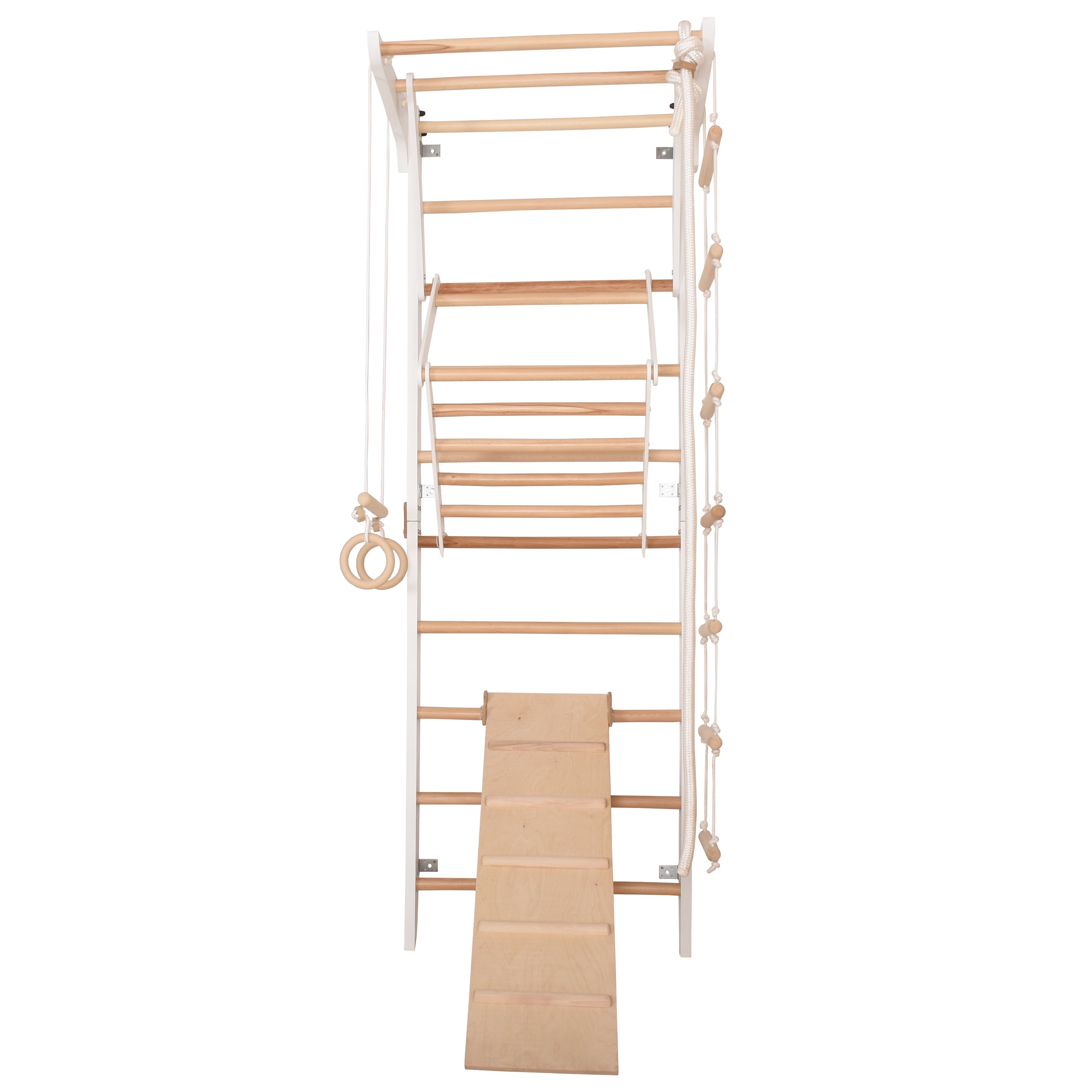 Kletterwand für Kinder und Erwachsene – Klettergerüst Indoor aus Holz mit Wand-Reck, Stange, Gymnastikringen, Kletterseil, schwedischer Leiter, höhenverstellbarer Klimmzugstange & beidseitiger Kletterrampe – Kinder 3 weiße Farbe