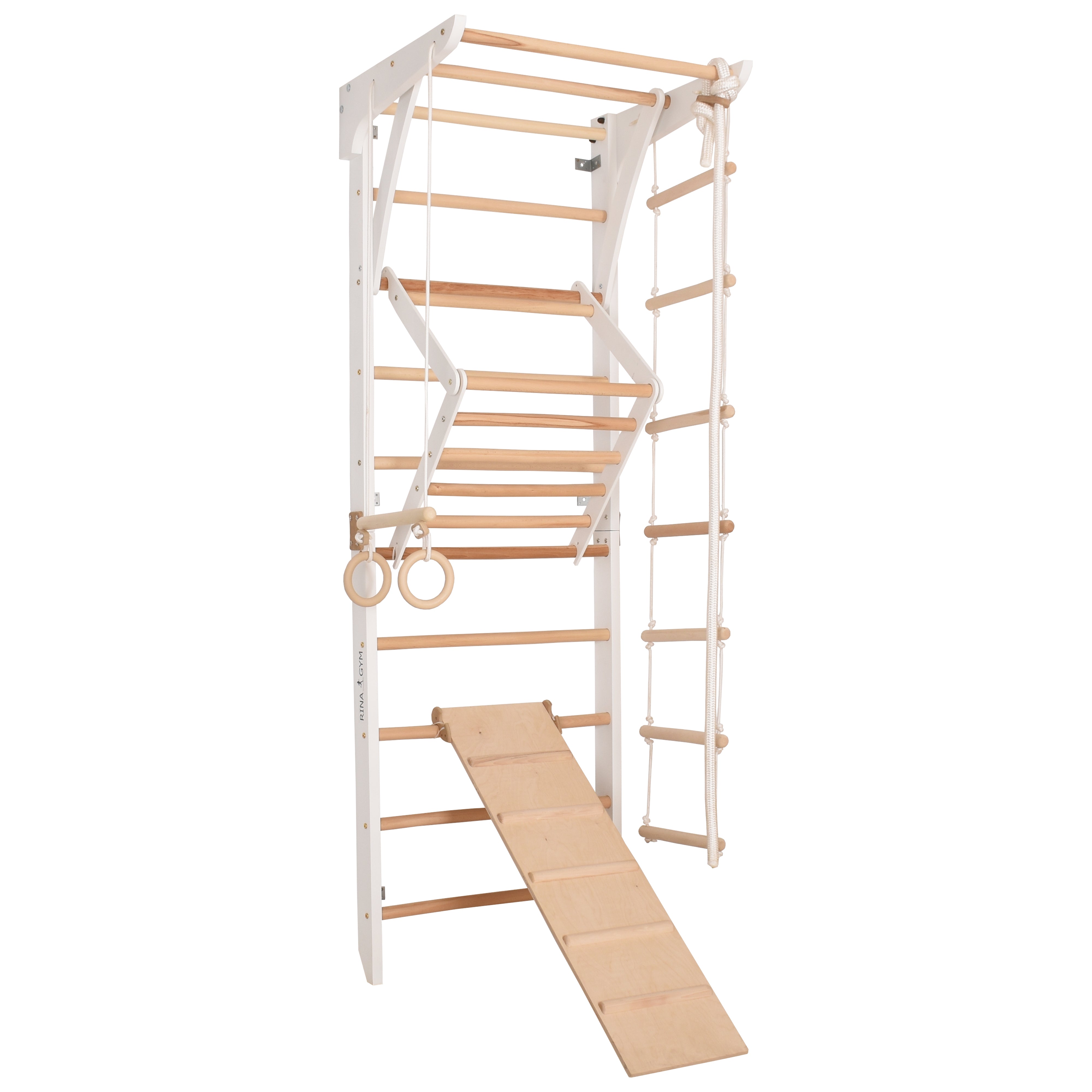 Kletterwand für Kinder und Erwachsene – Klettergerüst Indoor aus Holz mit Wand-Reck, Stange, Gymnastikringen, Kletterseil, schwedischer Leiter, höhenverstellbarer Klimmzugstange & beidseitiger Kletterrampe – Kinder 3 weiße Farbe