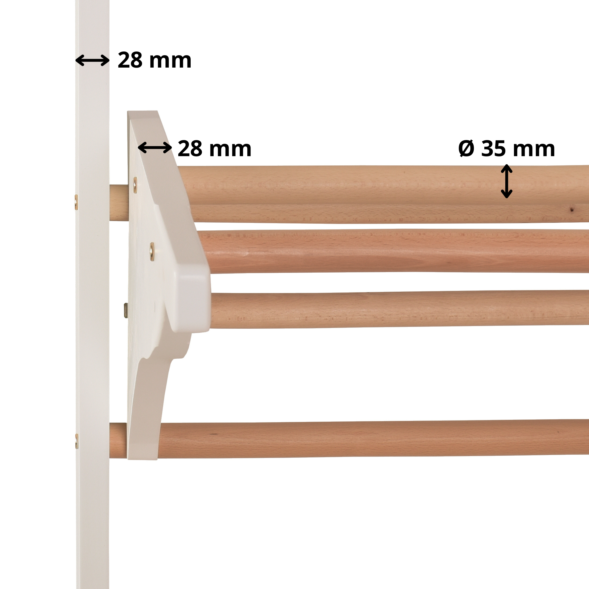 Sprossenwand mit Dip-Barren und abnehmbarer Klimmzugstange – Modell PRO PURE weiß, verstärkte Konstruktion für das Training zu Hause