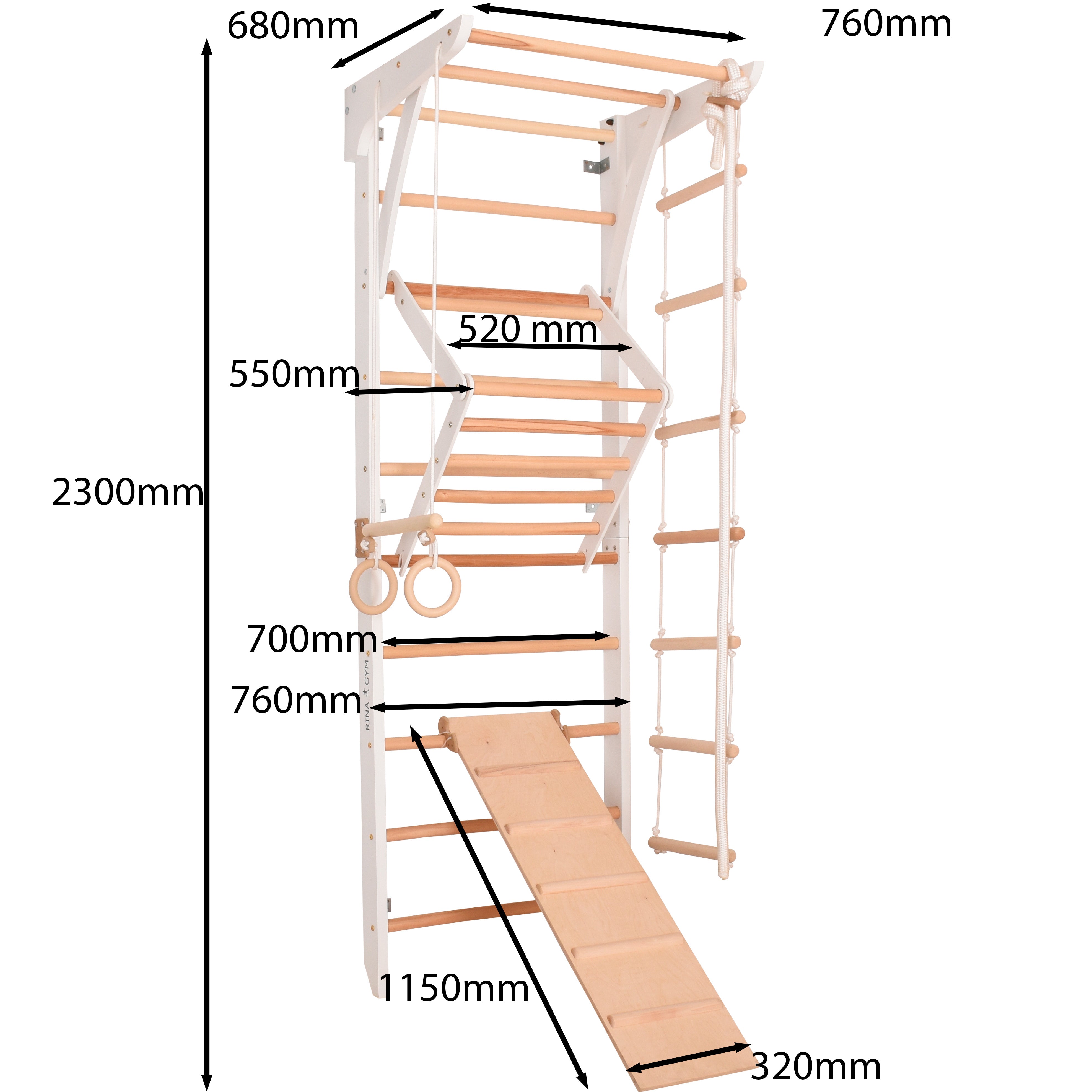 Kletterwand für Kinder und Erwachsene – Klettergerüst Indoor aus Holz mit Wand-Reck, Stange, Gymnastikringen, Kletterseil, schwedischer Leiter, höhenverstellbarer Klimmzugstange & beidseitiger Kletterrampe – Kinder 3 weiße Farbe