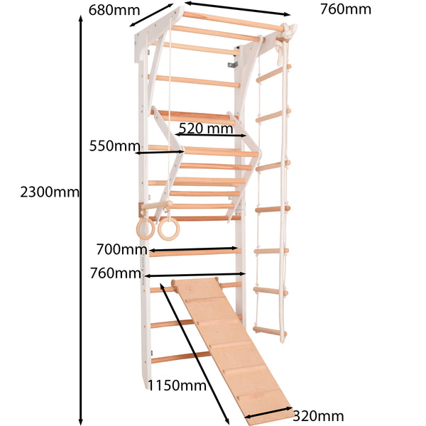 Climbing wall for children and adults - indoor climbing frame made of wood with wall horizontal bar, bar, gymnastic rings, climbing rope, Swedish ladder, height-adjustable pull-up bar & climbing ramp on both sides - Kinder 3 white color