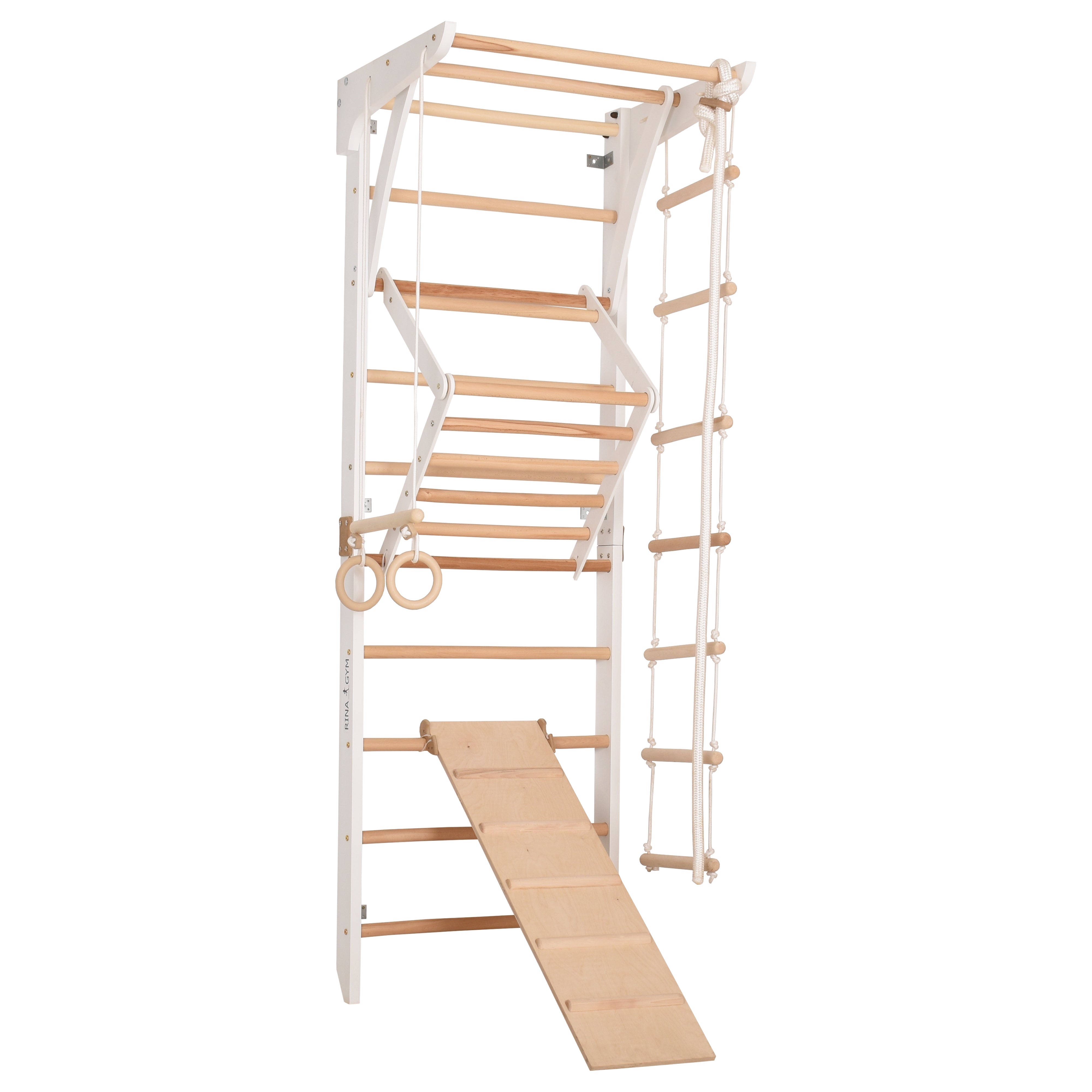 Kletterwand für Kinder und Erwachsene – Klettergerüst Indoor aus Holz mit Wand-Reck, Stange, Gymnastikringen, Kletterseil, schwedischer Leiter, höhenverstellbarer Klimmzugstange & beidseitiger Kletterrampe – Kinder 3 weiße Farbe
