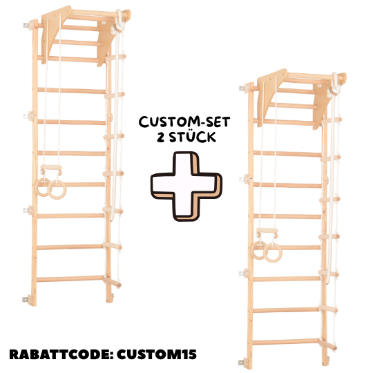 RINAGYM Eco-Pine – Custom Set (2× Sprossenwand) | Sonderpreis nur im Doppelpack – mit Klimmzugstange, Ringen, Seilleiter & Kletterseil