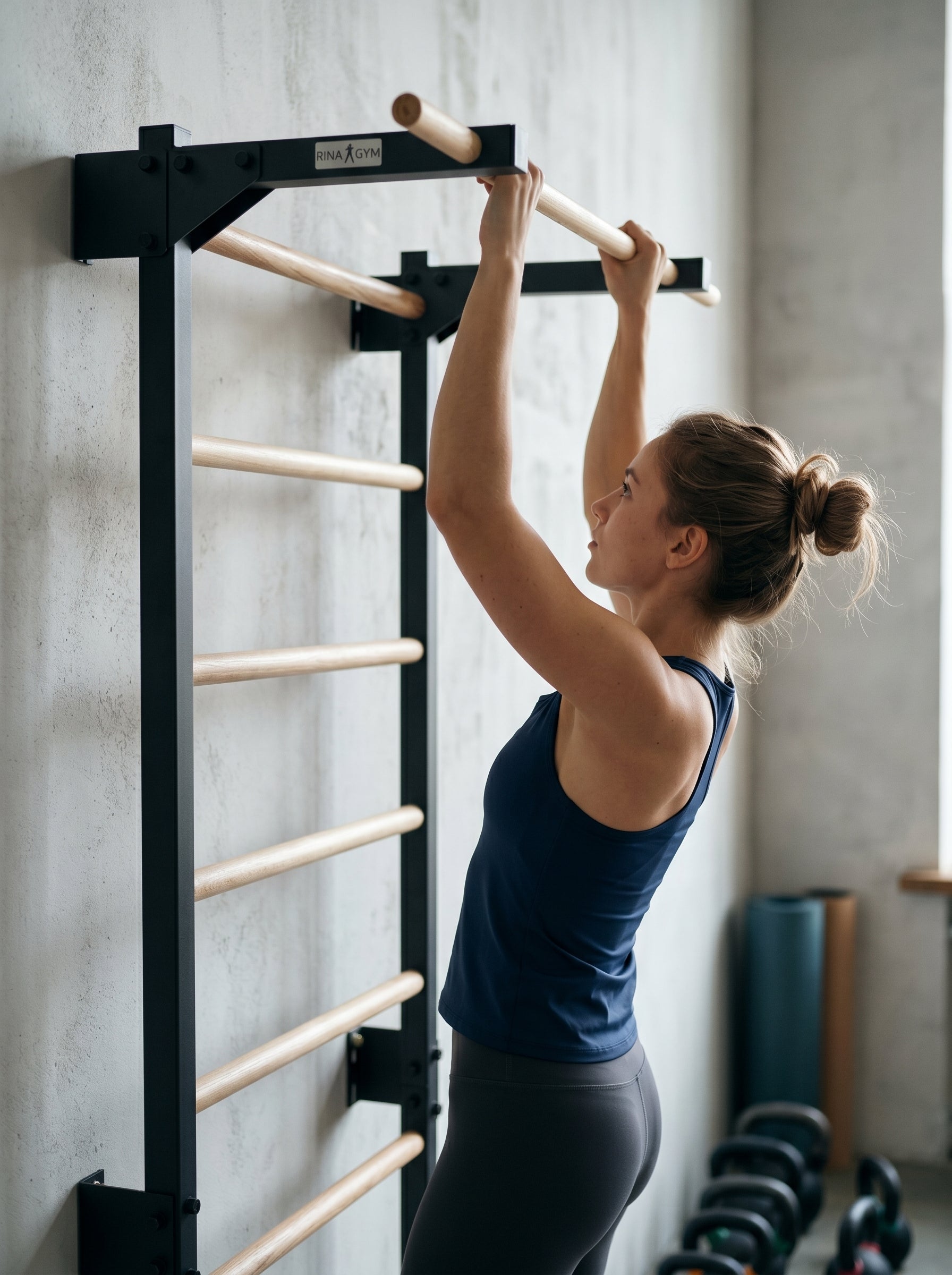 Metallische Sprossenwand STEEL PURE mit Klimmzugstange – Graphit | RINAGYM