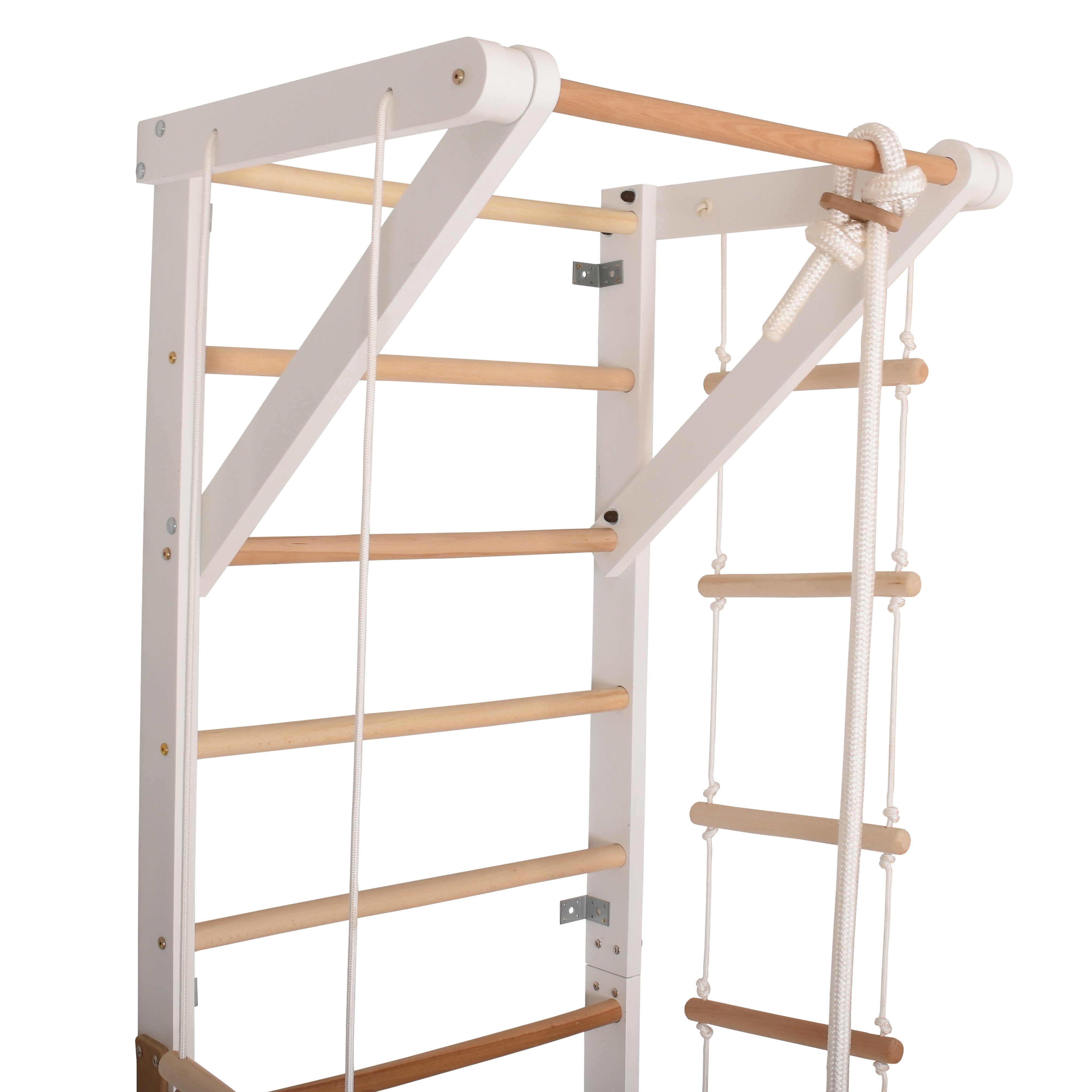 Kletterwand für Kinder und Erwachsene – Klettergerüst Indoor aus Holz mit Wand-Reck, Stange, Gymnastikringen, Kletterseil, schwedischer Leiter – Sport 2 weiße Farbe