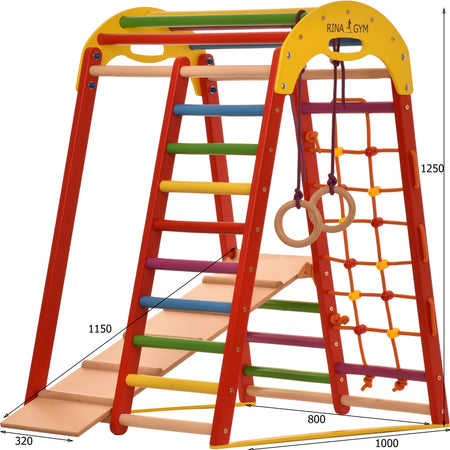 Kompaktes Indoor-Klettergerüst für Kinder & Erwachsene – Sprossenwand, Netz & Ringe – Heimtraining (Rot)