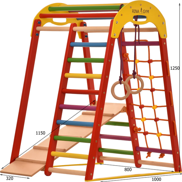 Compact Indoor Climbing Frame for Adults & Children – Wall Bars, Net & Rings – Home Fitness Equipment (Red)
