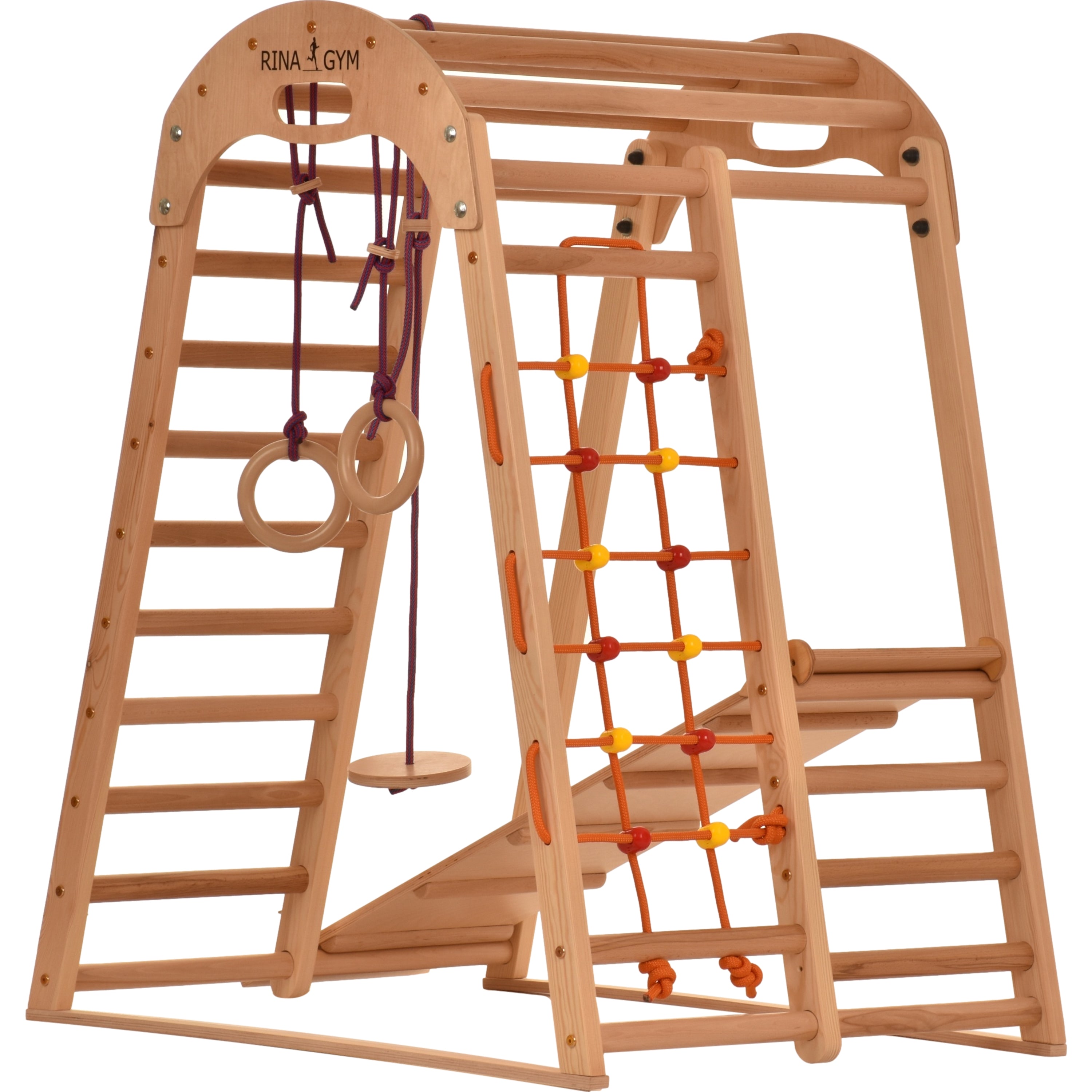 Climbing Triangle Wooden Indoor Playground for Children - Climbing Net, Swedish Ladder, Rings, Slide - Ideal for 1 to 5 years (Natural color)