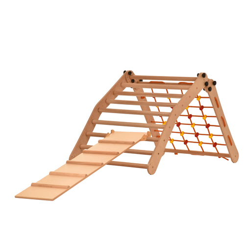 Rinagym Climbing Triangle - Indoor ladder with climbing net - Collapsible wooden indoor climbing frame for children, promotes balance -Water-based paint & varnish, safety lock - 50 kg load capacity (9g7s)