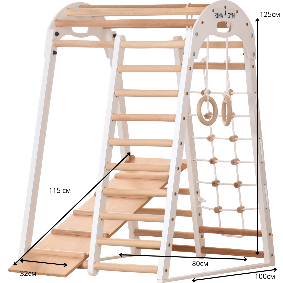 Mur d'escalade intérieur pour enfants et adultes – Structure en bois avec barre de traction, anneaux de gymnastique, corde d'escalade, échelle suédoise, barre de traction réglable et rampe d'escalade double face – Modèle Sport 3 couleur blanche