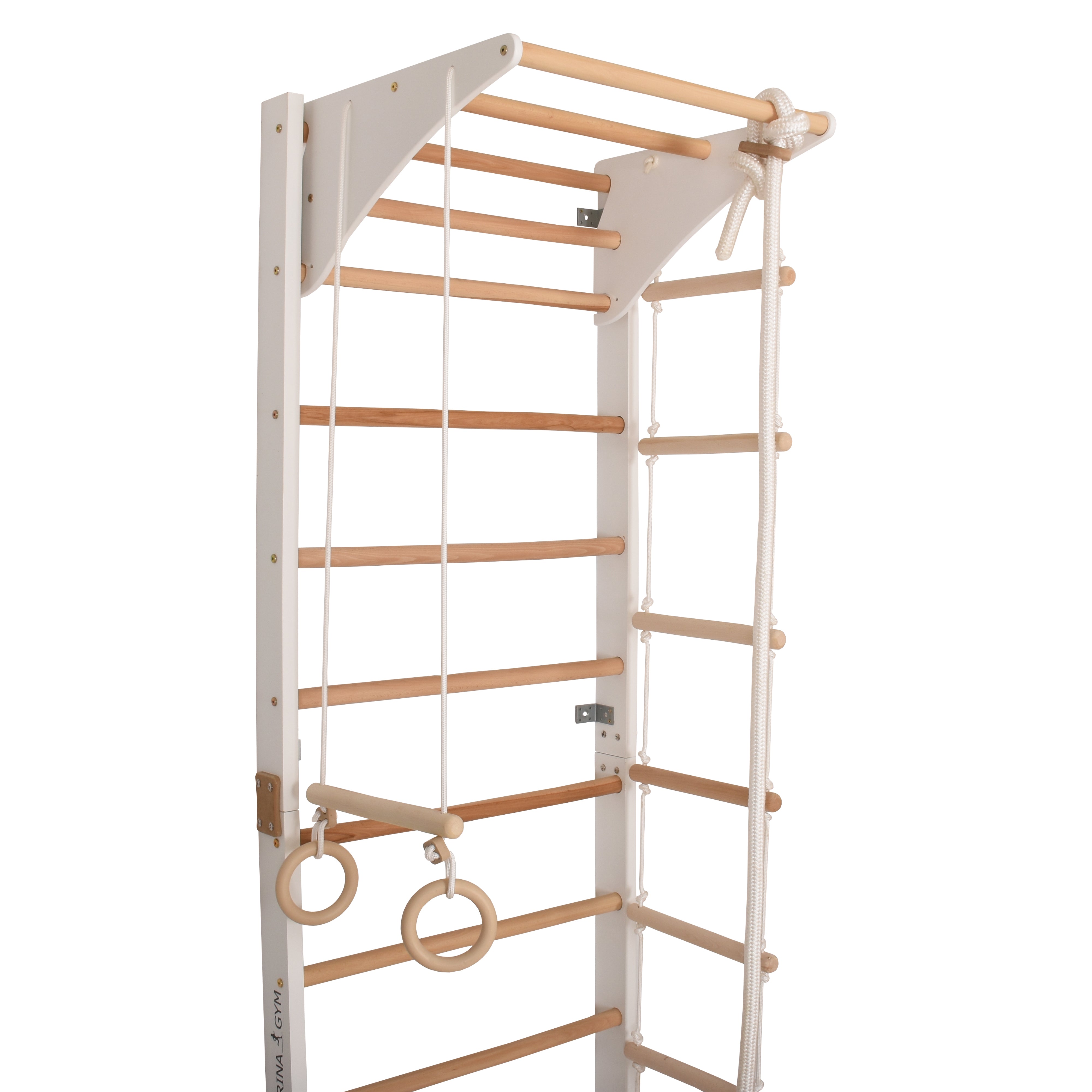 Kletterwand für Kinder und Erwachsene mit höhenverstellbarem Reck-Indoor Klettergerüst aus Holz - Wand-Reck, Stange, Gymnastik-Ringe, Kletterseil - Kombi 2 weiße Farbe