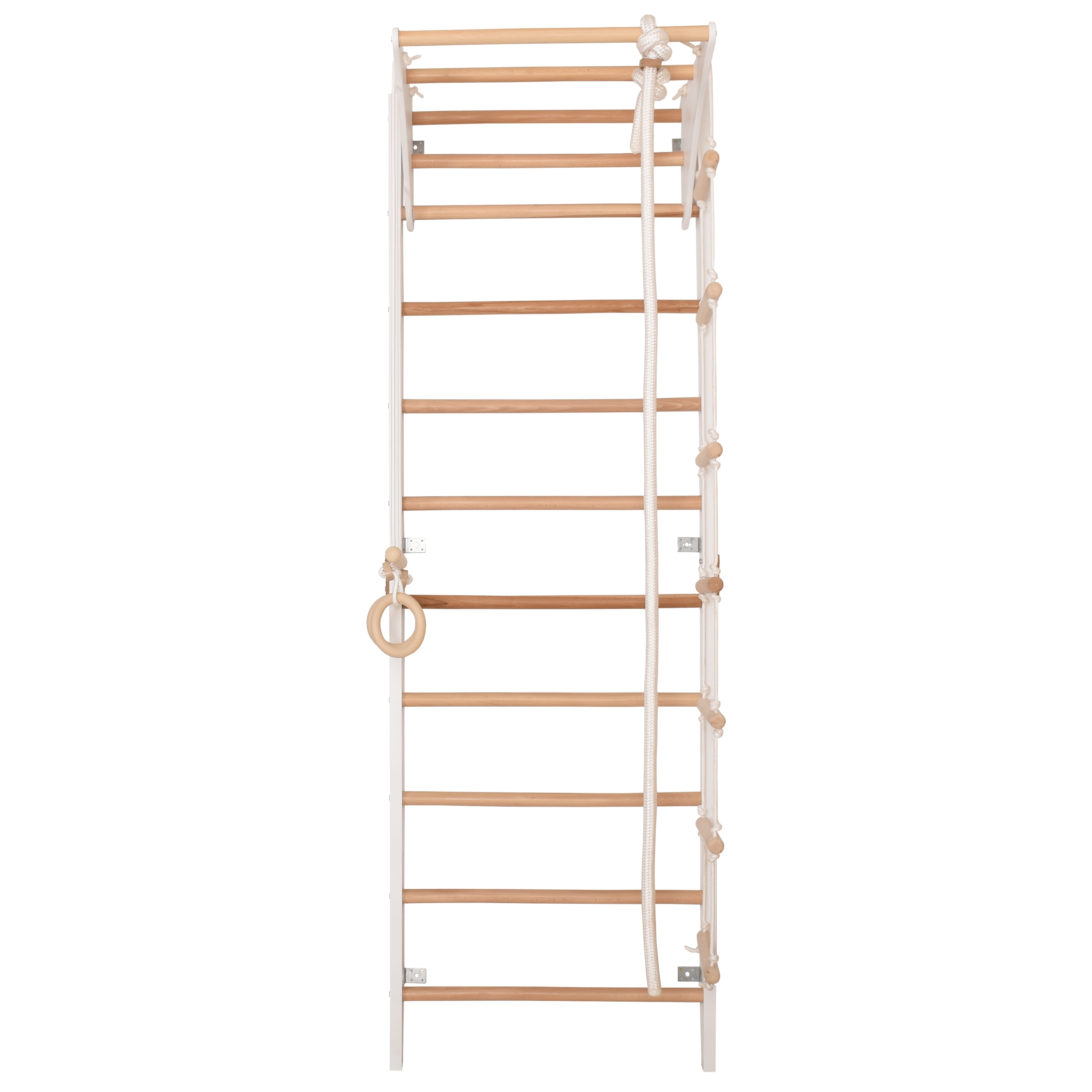Kletterwand für Kinder und Erwachsene mit höhenverstellbarem Reck-Indoor Klettergerüst aus Holz - Wand-Reck, Stange, Gymnastik-Ringe, Kletterseil - Kombi 2 weiße Farbe