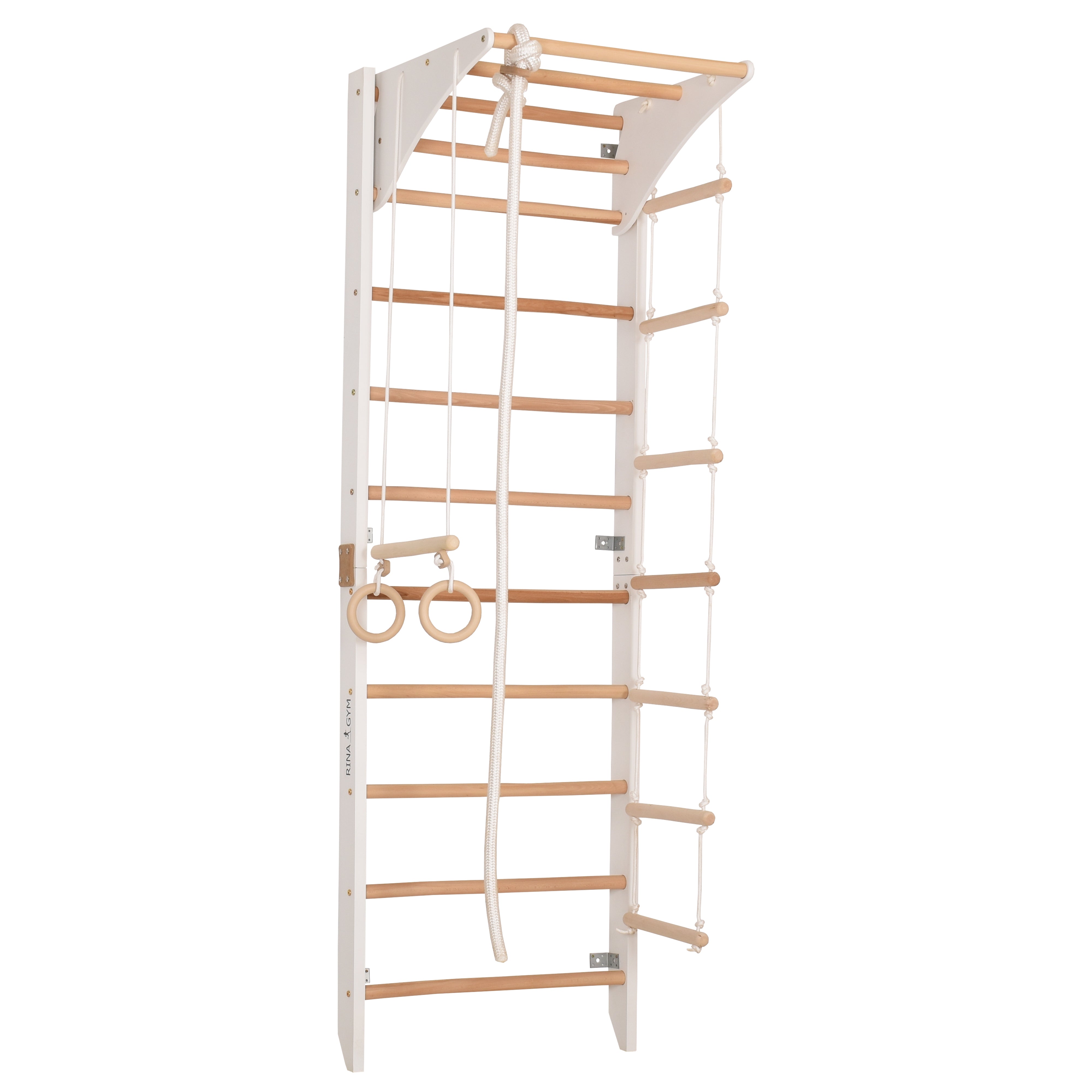 Kletterwand für Kinder und Erwachsene mit höhenverstellbarem Reck-Indoor Klettergerüst aus Holz - Wand-Reck, Stange, Gymnastik-Ringe, Kletterseil - Kombi 2 weiße Farbe