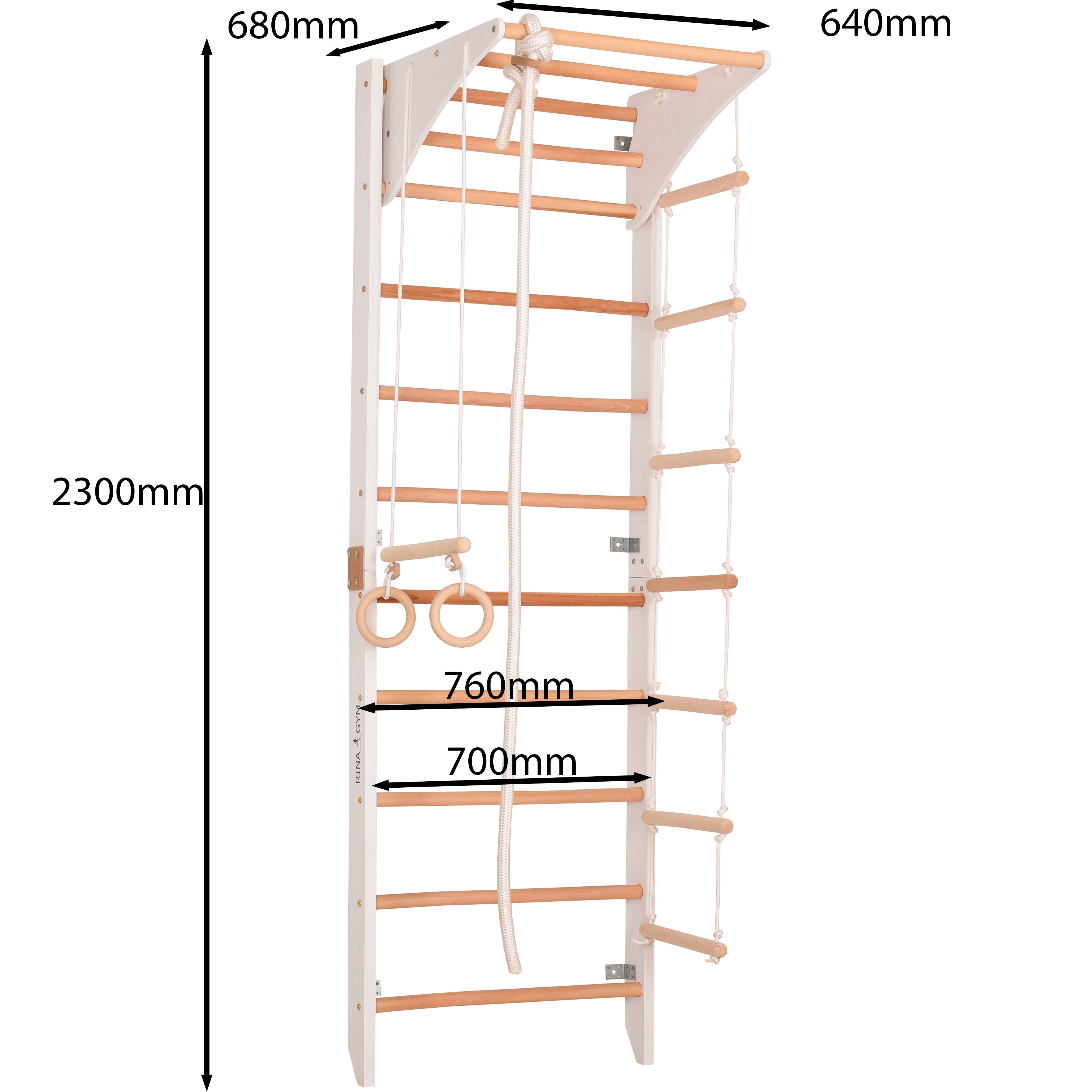 Kletterwand für Kinder und Erwachsene mit höhenverstellbarem Reck-Indoor Klettergerüst aus Holz - Wand-Reck, Stange, Gymnastik-Ringe, Kletterseil - Kombi 2 weiße Farbe