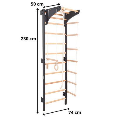Metallische Sprossenwand STEEL KOM 2 – Graphit mit Klimmzugstange, Ringen und Strickleiter | RINAGYM