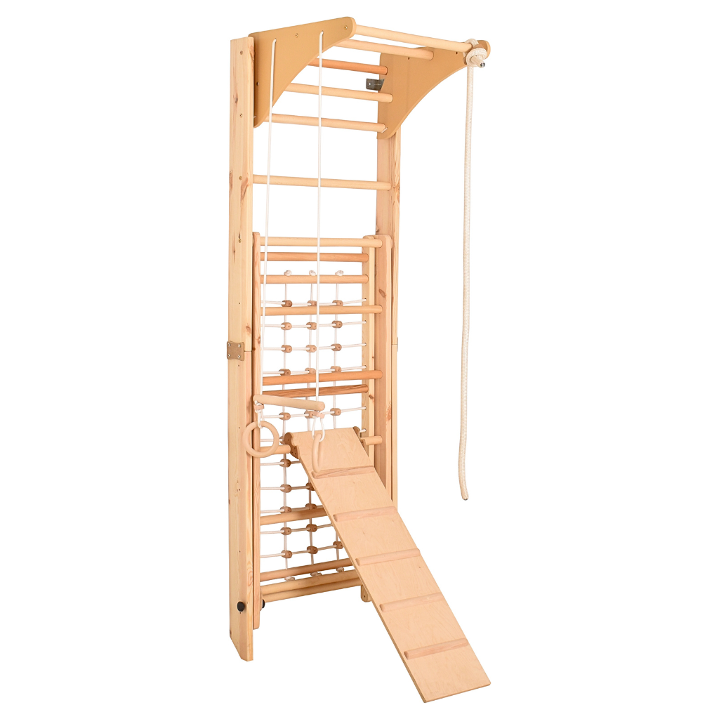 RINAGYM Kletterwand Indoor – Sprossenwand aus Holz mit Kletterseil – für gemeinsames Heimtraining von die ganze Familie