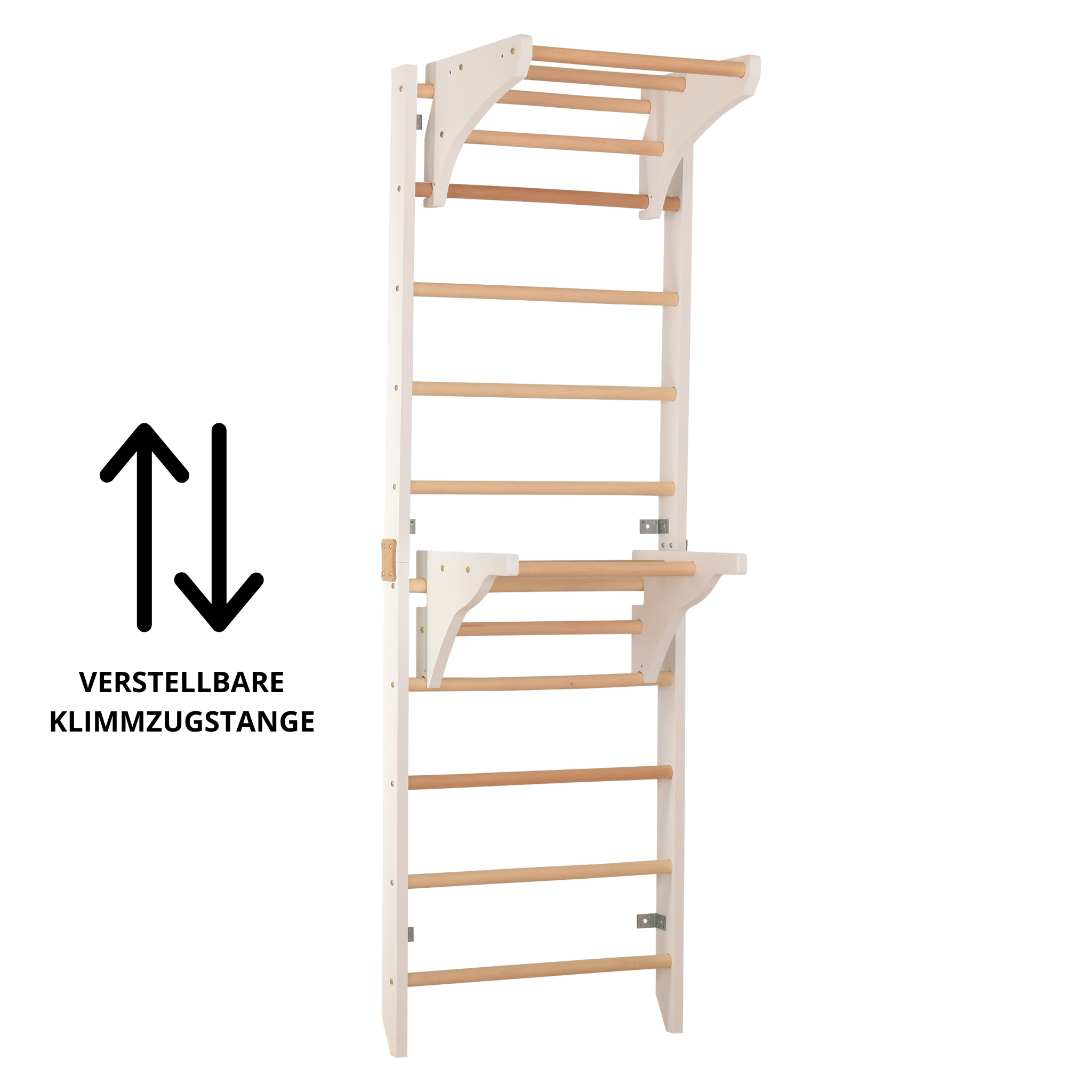 Sprossenwand mit 2 abnehmbaren Klimmzugstangen, Turnringen & Kletterseil – weiß | RINAGYM