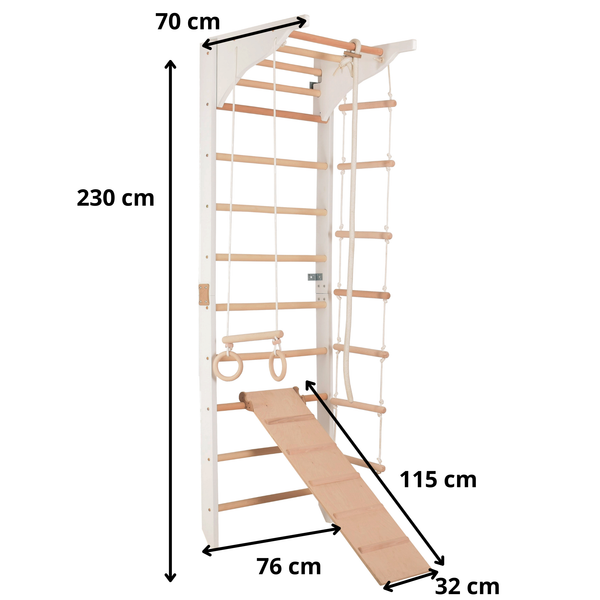 Sprossenwand mit Klimmzugstange, Dip-Barren, Ringen & Kletterrampe – PRO 3 weiß | RINAGYM