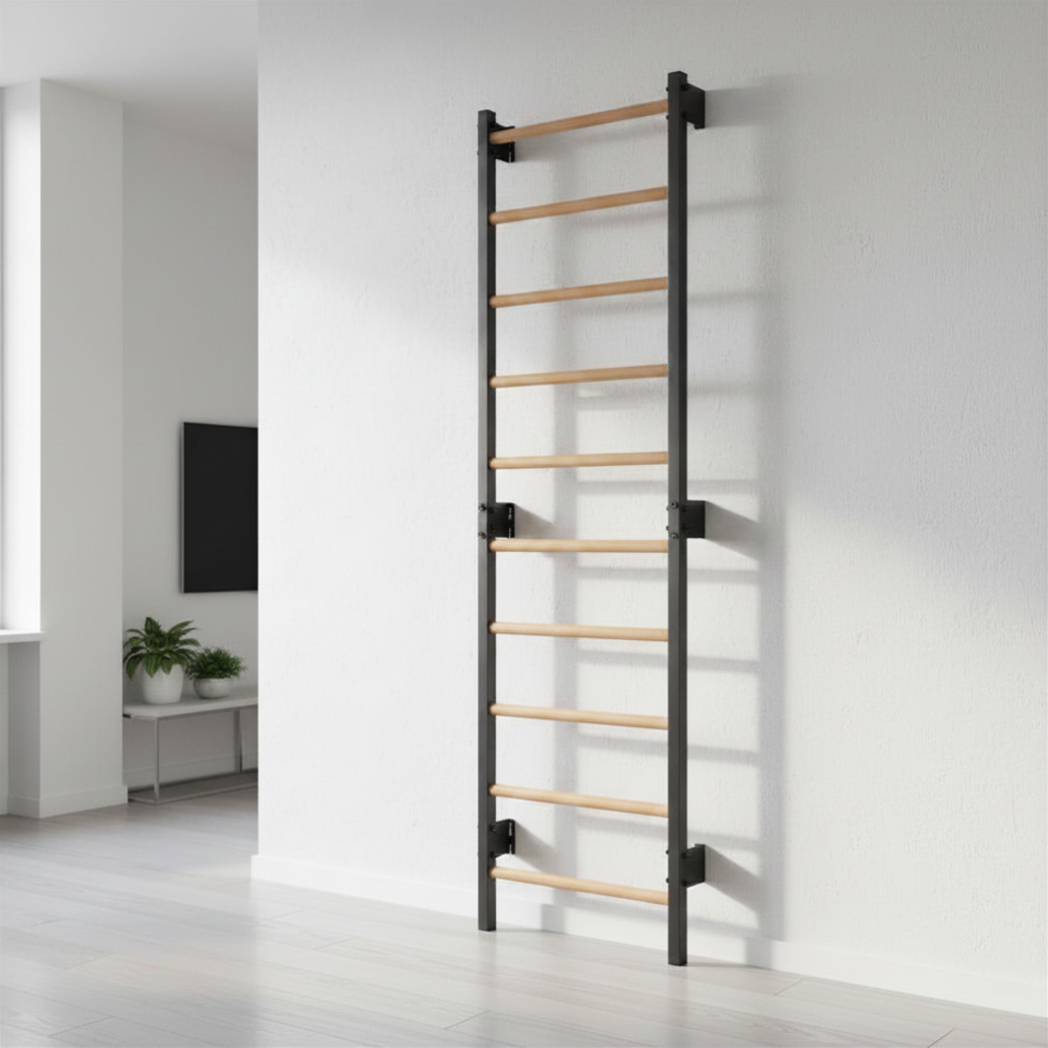 Metallische Sprossenwand STEEL 1 – Graphit mit Buchenholzsprossen | RINAGYM