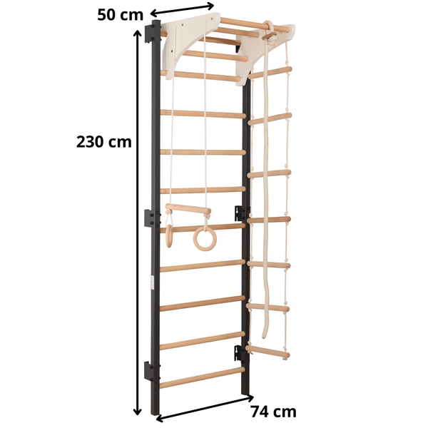 Metallische Sprossenwand STEEL KOM 2 – Graphit mit Klimmzugstange, Ringen und Strickleiter | RINAGYM