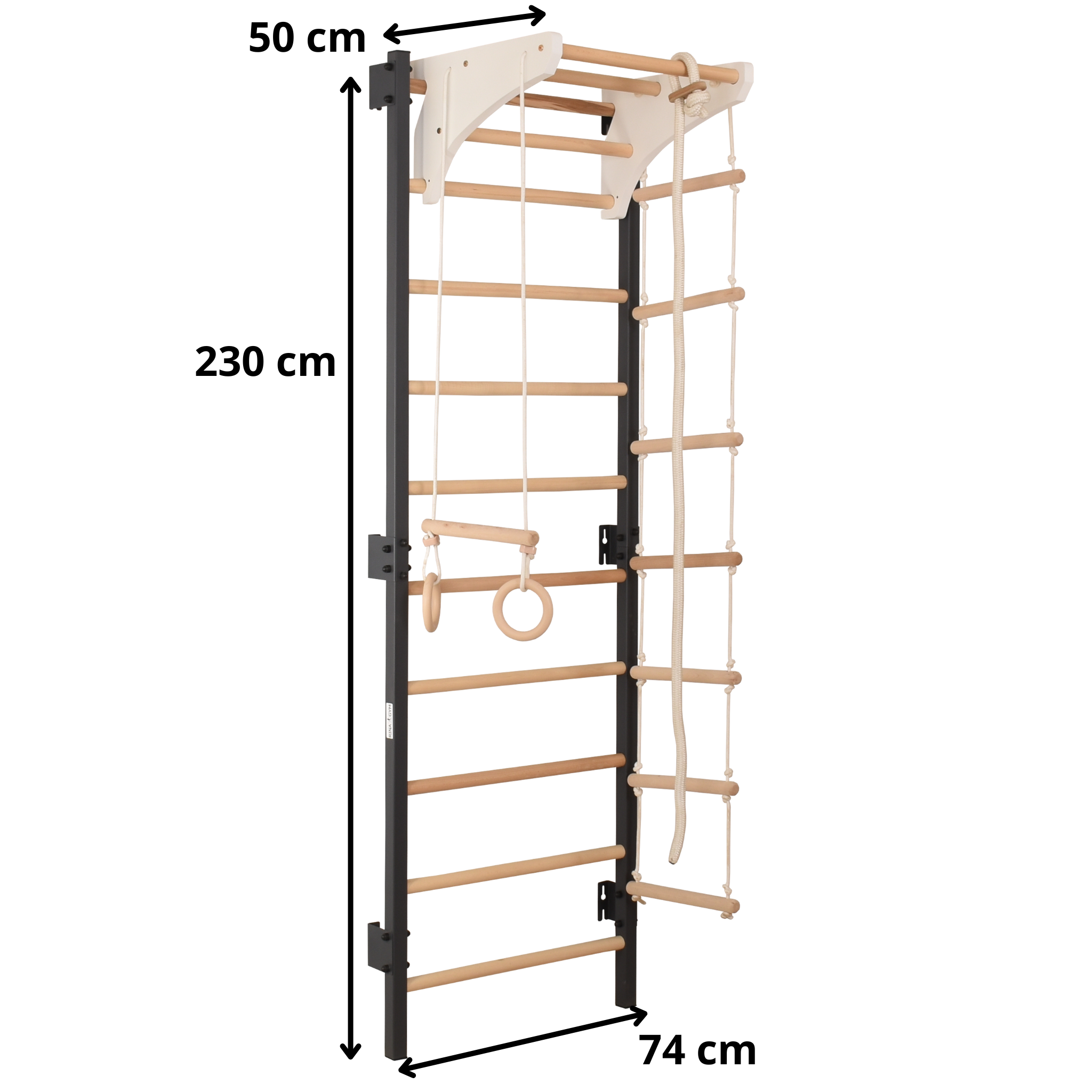 Metallische Sprossenwand STEEL KOM 2 – Graphit mit Klimmzugstange, Ringen und Strickleiter | RINAGYM