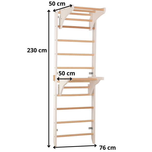 Sprossenwand mit 2 abnehmbaren Klimmzugstangen, Turnringen & Kletterseil – weiß | RINAGYM