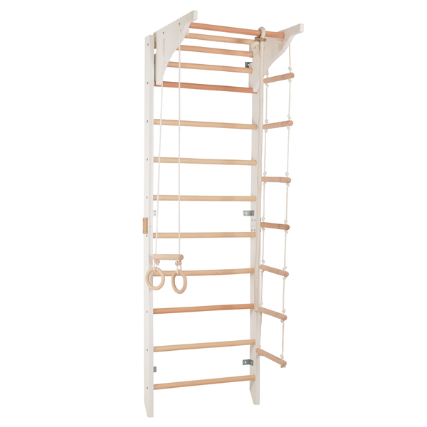 Sprossenwand mit Klimmzugstange, Dip-Barren & Ringen – PRO 2 weiß | RINAGYM