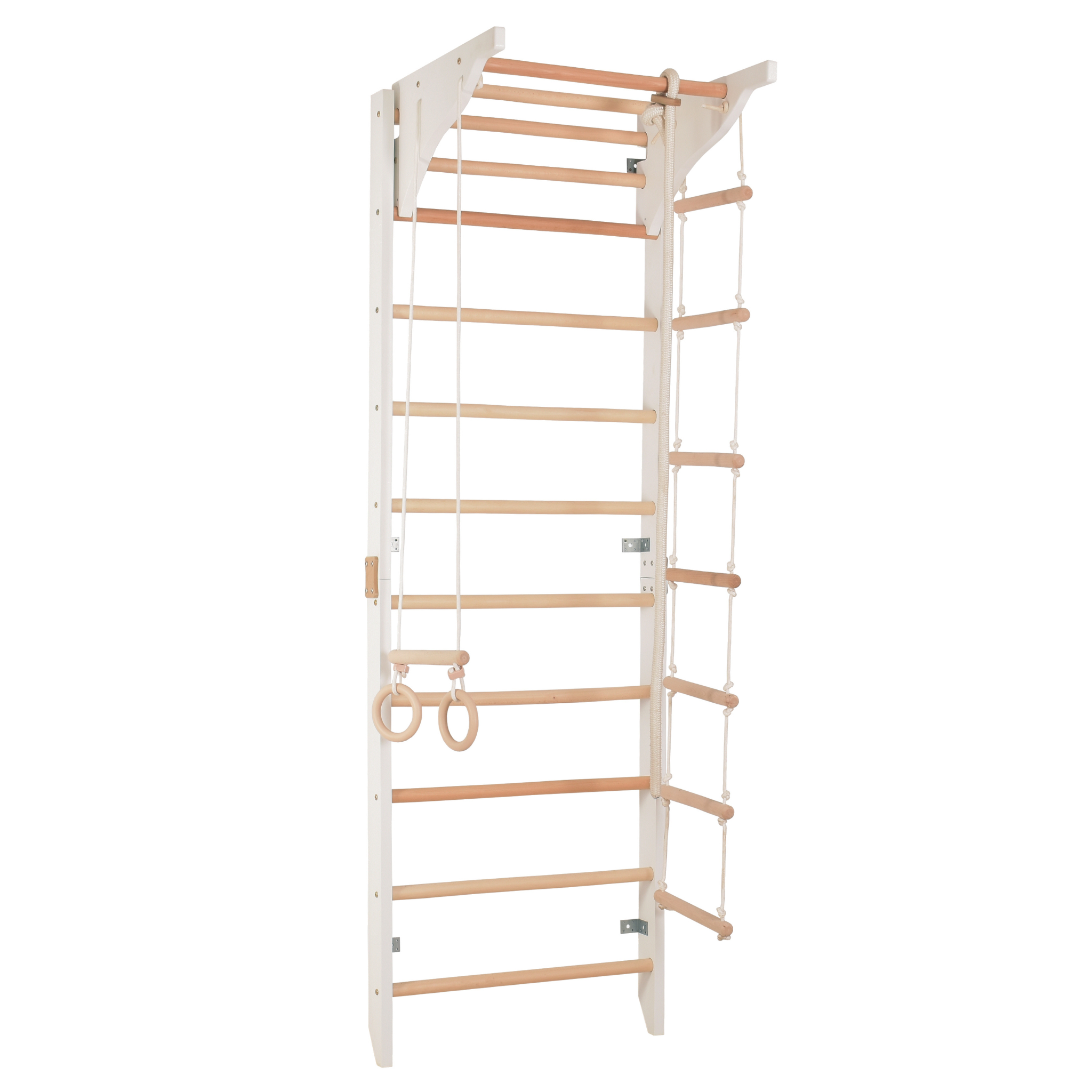 Sprossenwand mit Klimmzugstange, Dip-Barren & Ringen – PRO 2 weiß | RINAGYM