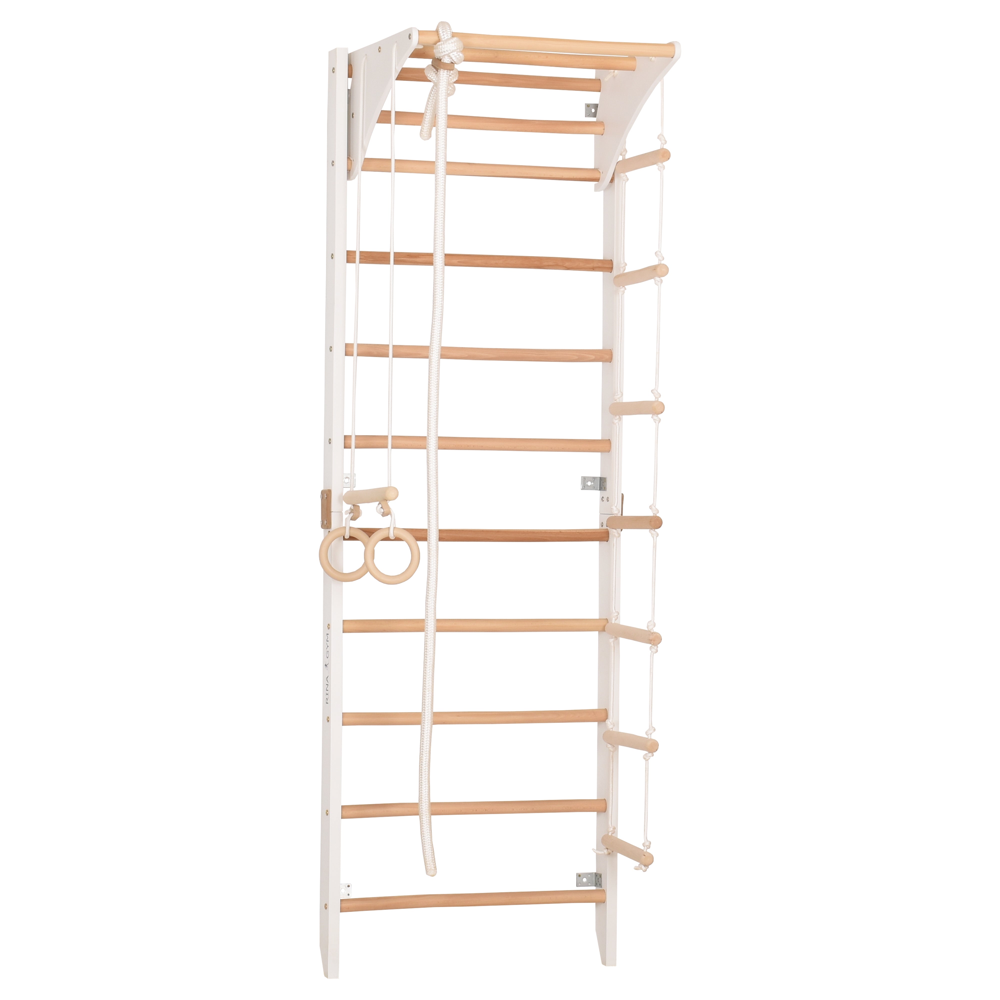 Kletterwand für Kinder und Erwachsene mit höhenverstellbarem Reck-Indoor Klettergerüst aus Holz - Wand-Reck, Stange, Gymnastik-Ringe, Kletterseil - Kombi 2 weiße Farbe