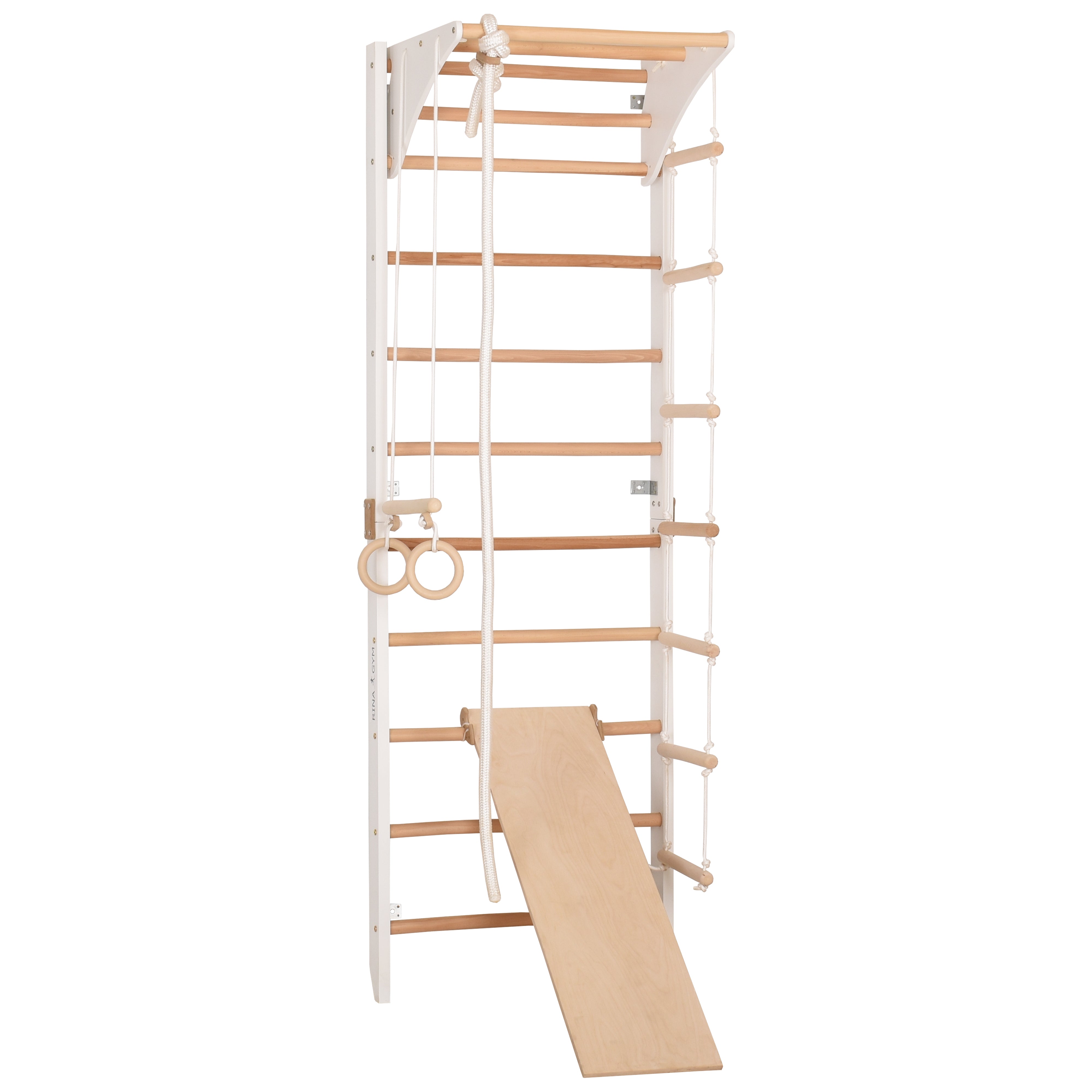 RINAGYM Parco Giochi per Bambini - Set Palestra da Interno ed Esterno per Gioco, Ginnastica ed Esercizi - Asta, Anelli, Corda per Arrampicata, Monkey Bar, Trave, Spalliera, Altalena, Scivolo - 2+ Anni (Kombi 3 white)