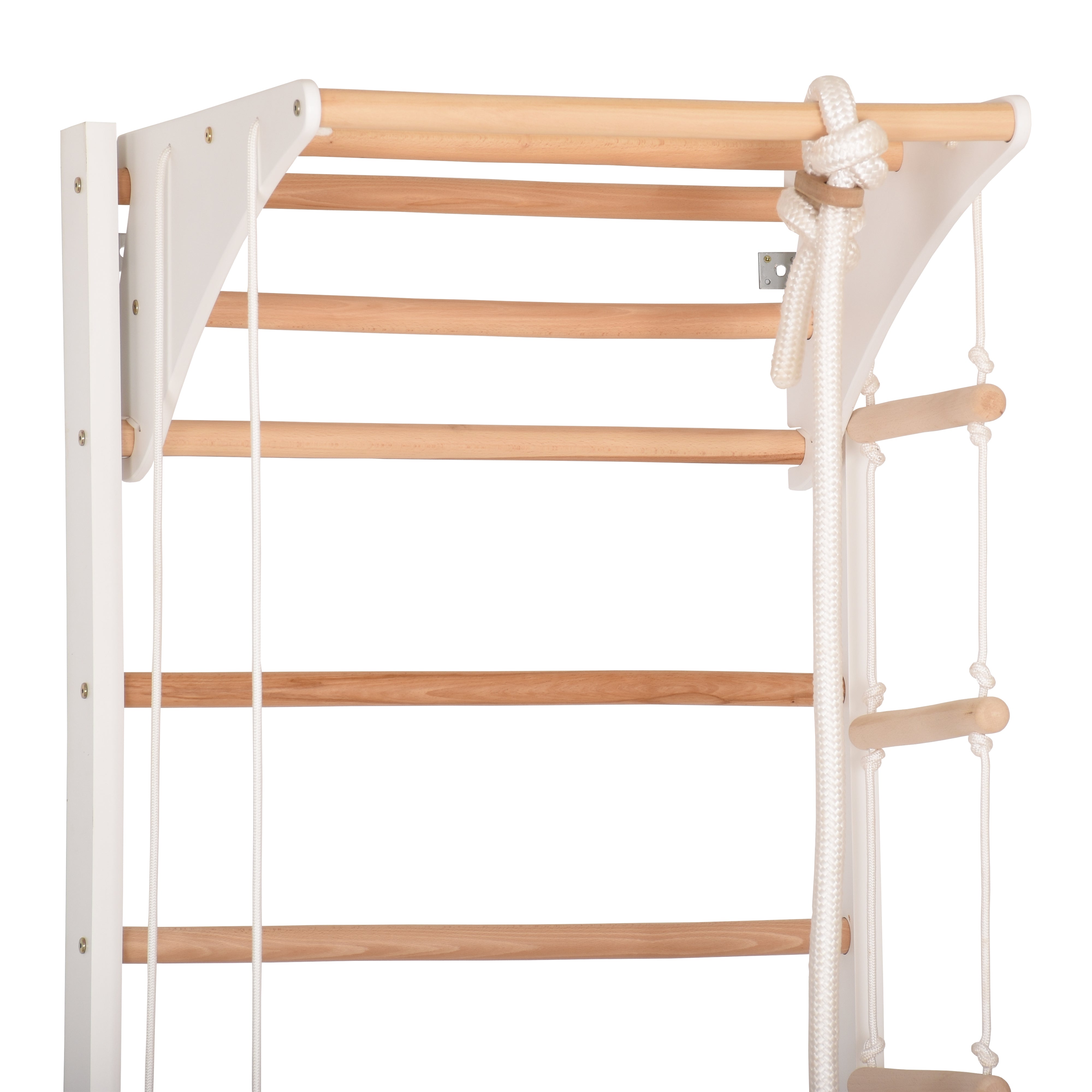 Kletterwand für Kinder und Erwachsene mit höhenverstellbarem Reck-Indoor Klettergerüst aus Holz - Wand-Reck, Stange, Gymnastik-Ringe, Kletterseil - Kombi 2 weiße Farbe