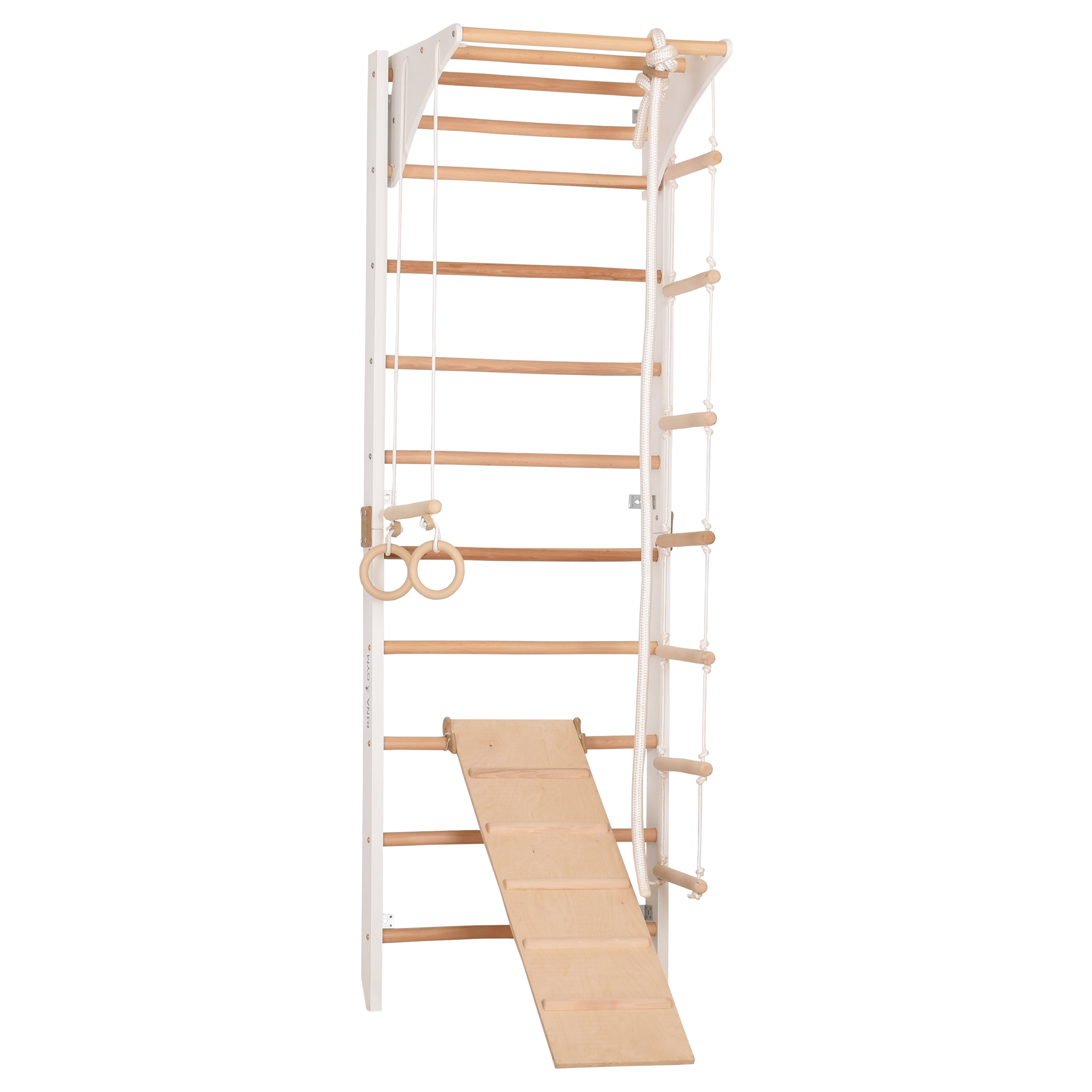 RINAGYM Parco Giochi per Bambini - Set Palestra da Interno ed Esterno per Gioco, Ginnastica ed Esercizi - Asta, Anelli, Corda per Arrampicata, Monkey Bar, Trave, Spalliera, Altalena, Scivolo - 2+ Anni (Kombi 3 white)