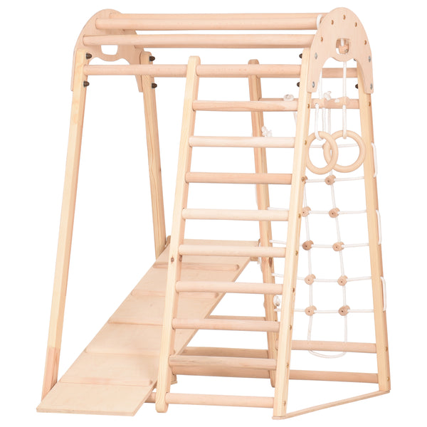 Kompaktes Indoor-Klettergerüst für Kinder & Erwachsene – Sprossenwand, Netz & Ringe – Heimtraining (EN 913) Ohne Lackierung/Ungefärbt/Natur