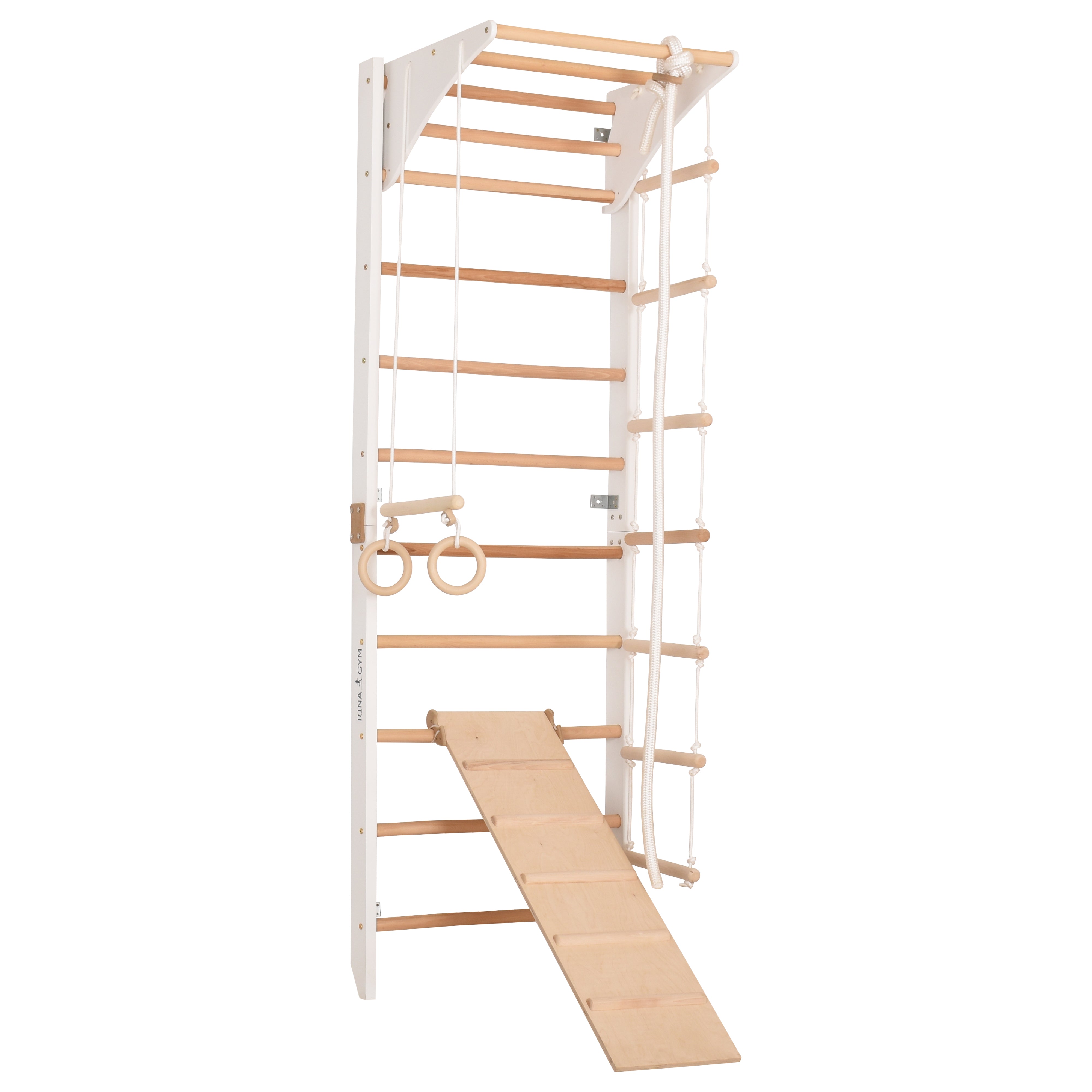 RINAGYM Parco Giochi per Bambini - Set Palestra da Interno ed Esterno per Gioco, Ginnastica ed Esercizi - Asta, Anelli, Corda per Arrampicata, Monkey Bar, Trave, Spalliera, Altalena, Scivolo - 2+ Anni (Kombi 3 white)