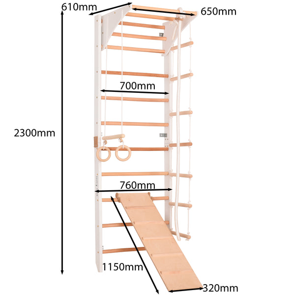 Kletterwand für die ganze Familie mit höhenverstellbarem Reck-Indoor Klettergerüst aus Holz - Wand-Reck, Stange, Gymnastik-Ringe, Kletterseil, beidseitiger Kletterrampe - Kombi 3  weiße Farbe
