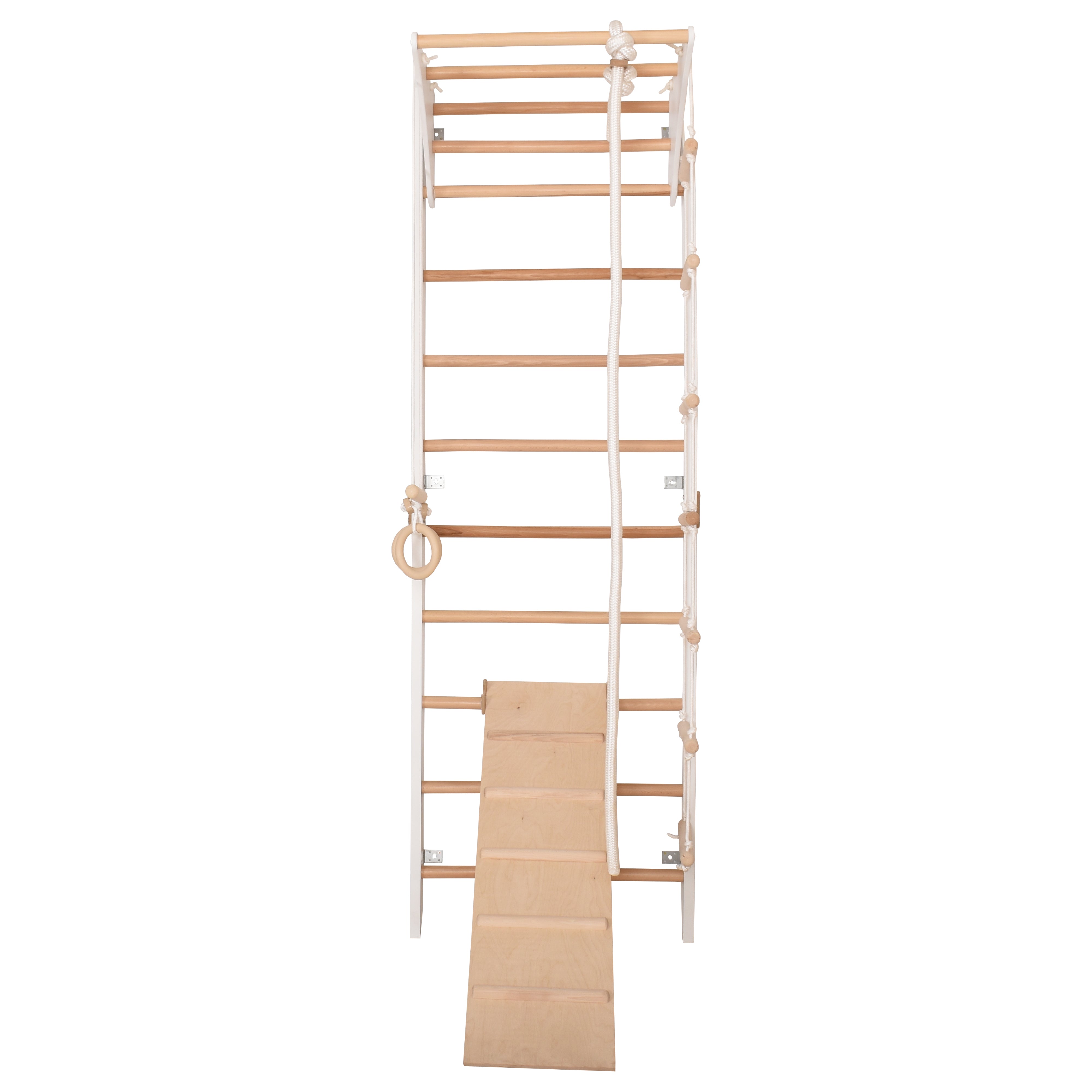 RINAGYM Parco Giochi per Bambini - Set Palestra da Interno ed Esterno per Gioco, Ginnastica ed Esercizi - Asta, Anelli, Corda per Arrampicata, Monkey Bar, Trave, Spalliera, Altalena, Scivolo - 2+ Anni (Kombi 3 white)