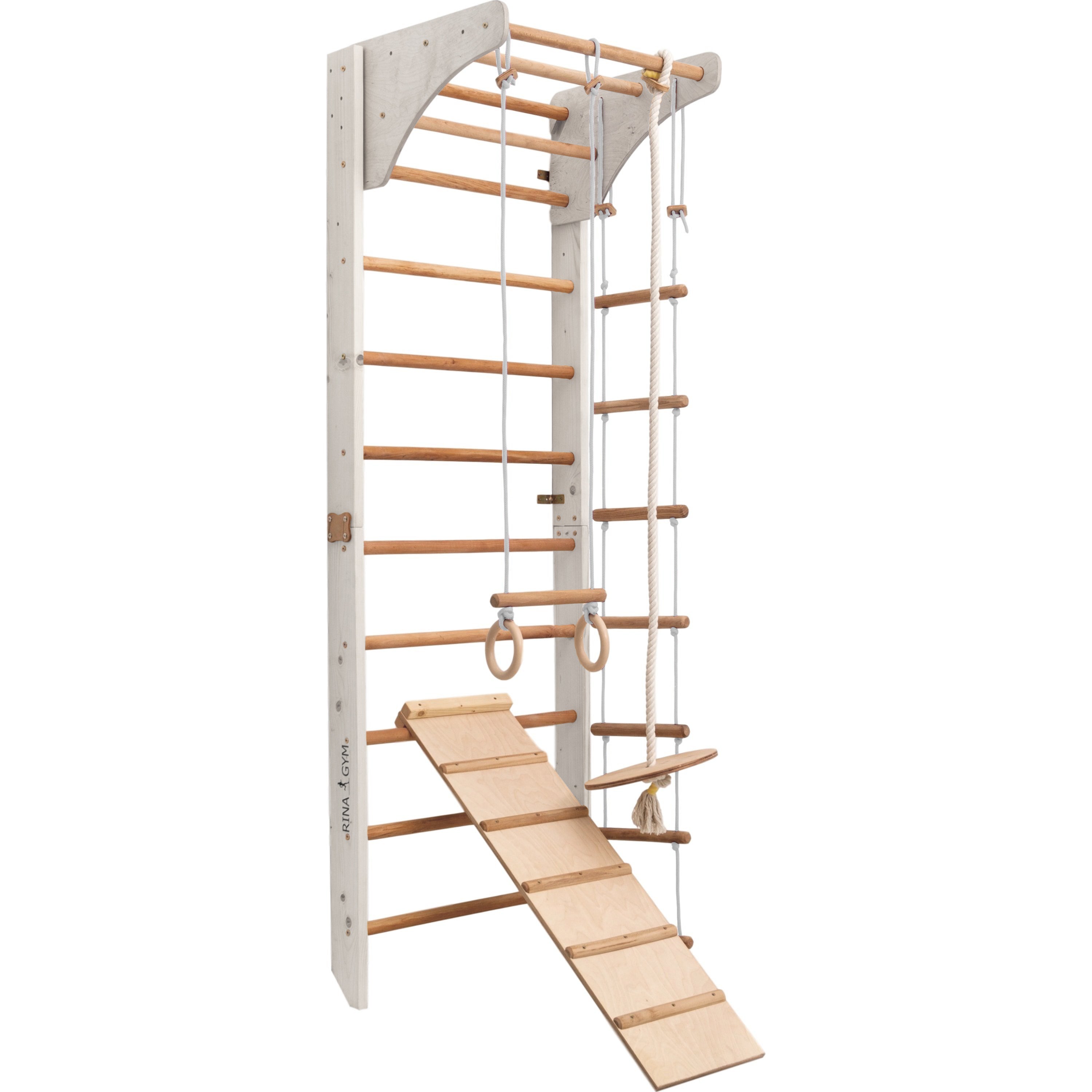 Kletterwand für Kinder-Indoor Klettergerüst aus Holz-Wand-Reck, Stange, Gymnastik-Ringe, Kletterseil, schwedische Leiter, Rutsche