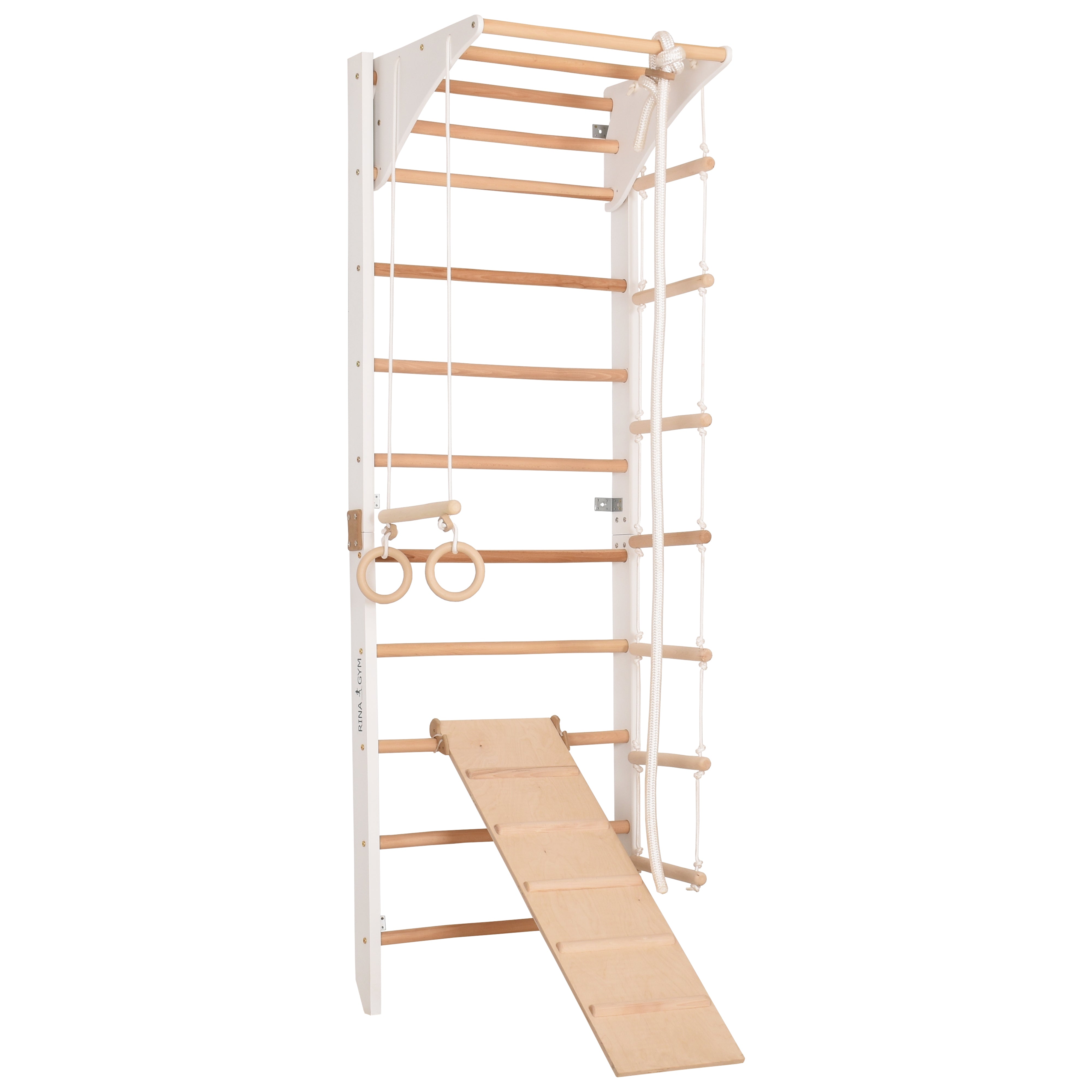 RINAGYM Parco Giochi per Bambini - Set Palestra da Interno ed Esterno per Gioco, Ginnastica ed Esercizi - Asta, Anelli, Corda per Arrampicata, Monkey Bar, Trave, Spalliera, Altalena, Scivolo - 2+ Anni (Kombi 3 white)