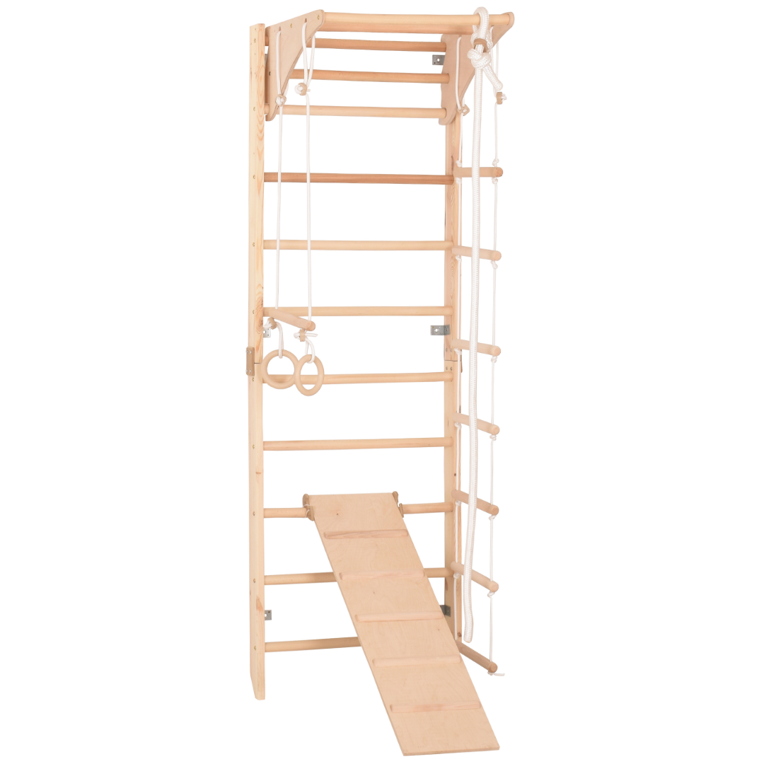 Kletterwand für Kinder und Erwachsene mit höhenverstellbarem Reck-Indoor Klettergerüst aus Holz - Wand-Reck, Stange, Gymnastik-Ringe, Kletterseil, beidseitiger Kletterrampe - Kombi 3 mit kindersicherem Lack