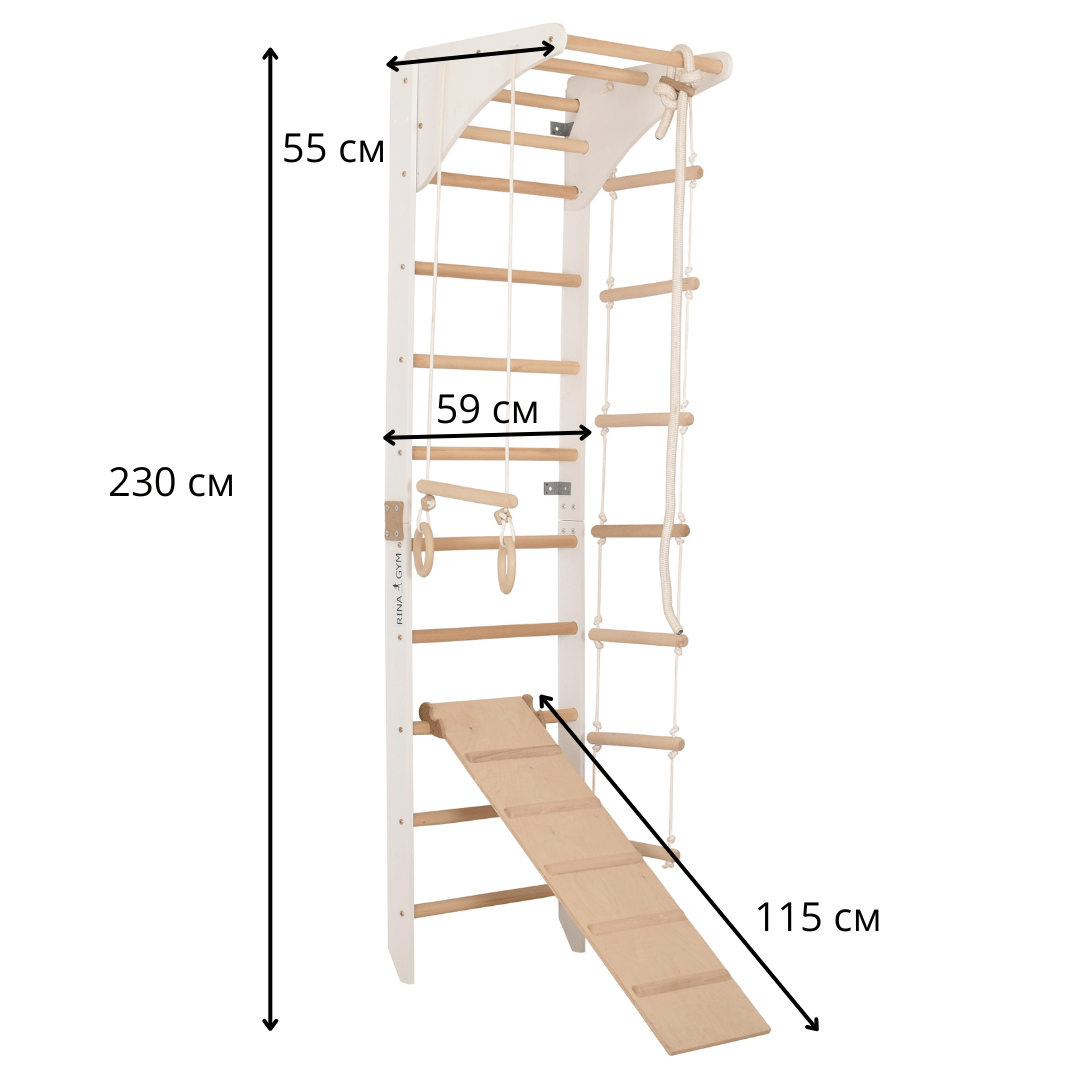 Sprossenwand mit höhenverstellbarem Reck, Kletterseil, Ringen und beidseitigem Kletterbrett – Kompakter Indoor-Fitnesspark für die ganze Familie (SPR C+slide white)